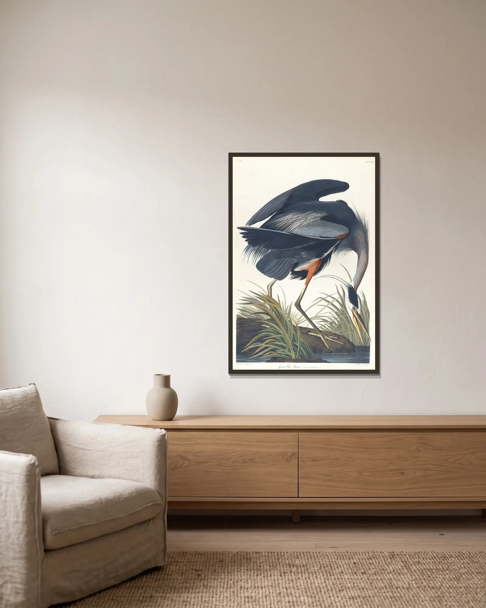 Great blue heron av John James Audubon inramad på en vägg