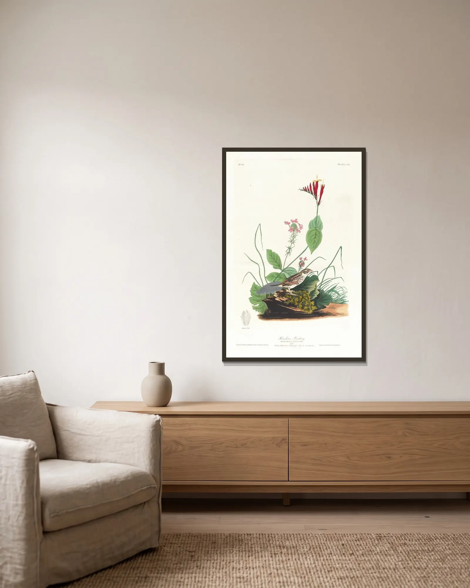 Henslow’s bunting av John James Audubon inramad på en vägg