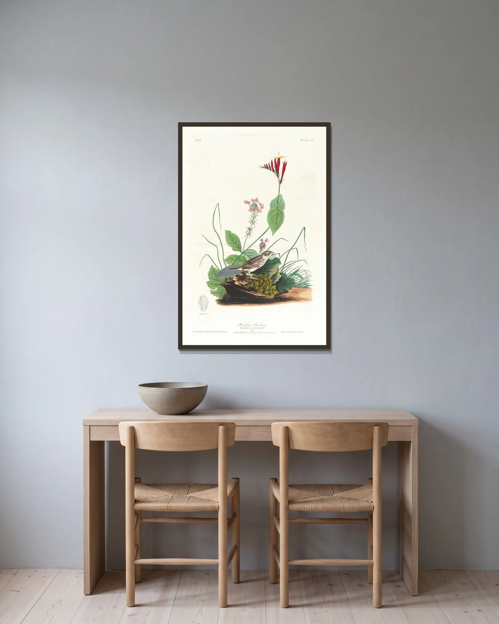 Henslow’s bunting av John James Audubon inramad på en vägg
