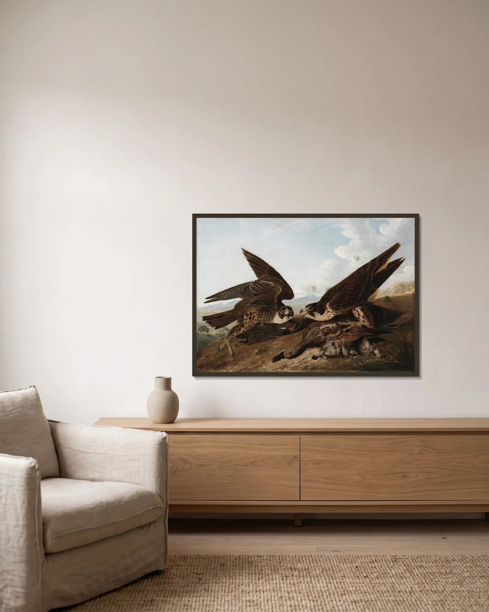 Peregrine Falcons (Duck Hawks) av John James Audubon inramad på en vägg