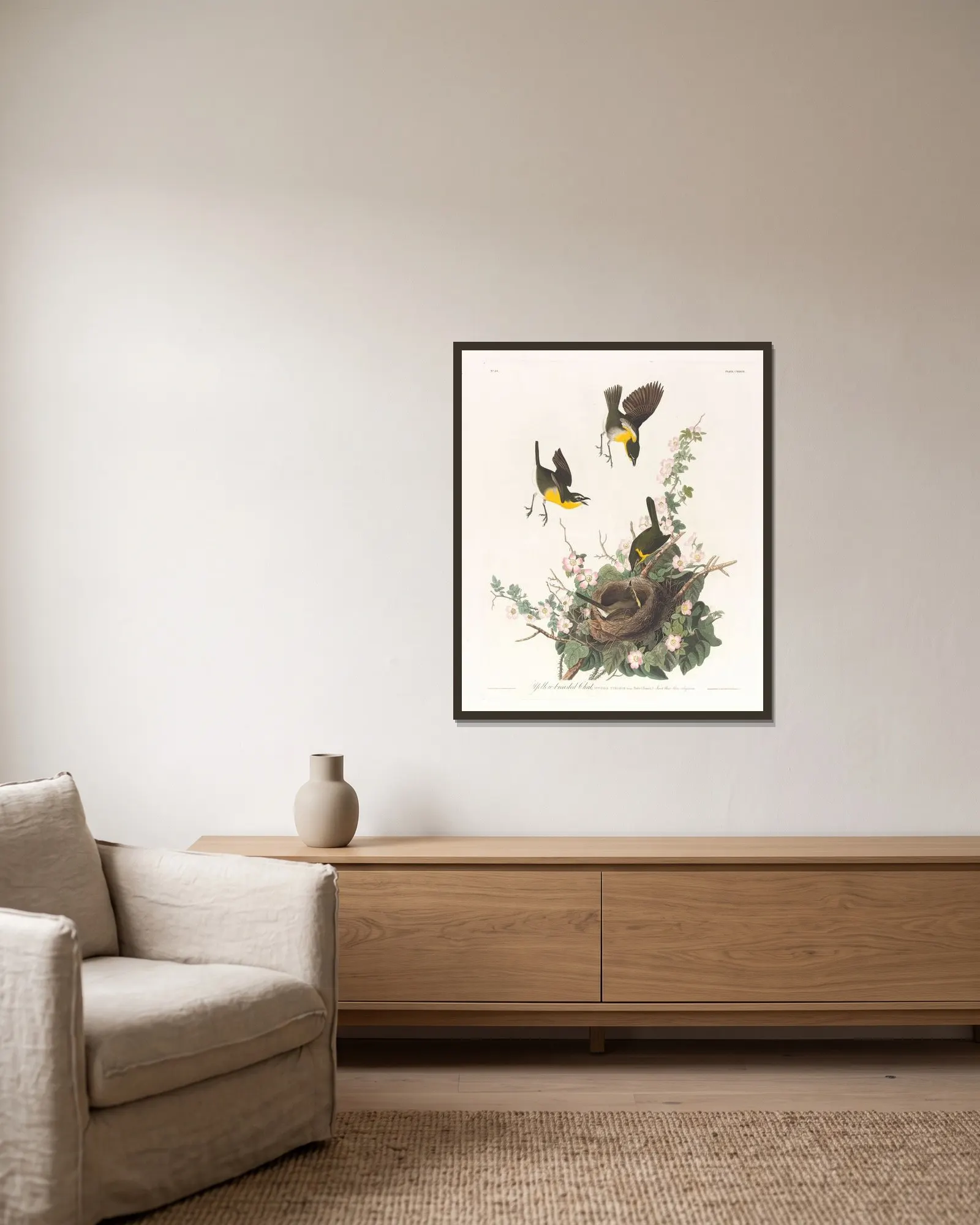 Yellow-breasted chat av John James Audubon inramad på en vägg
