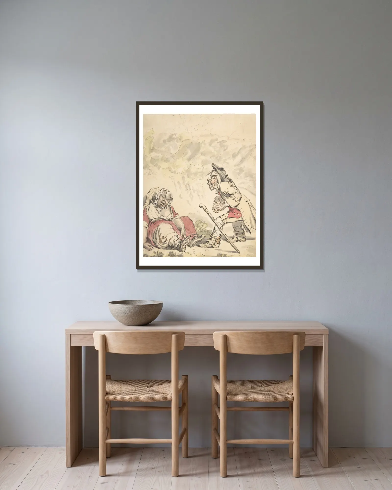 Cymon and Iphigenia av James Gillray inramad på en vägg