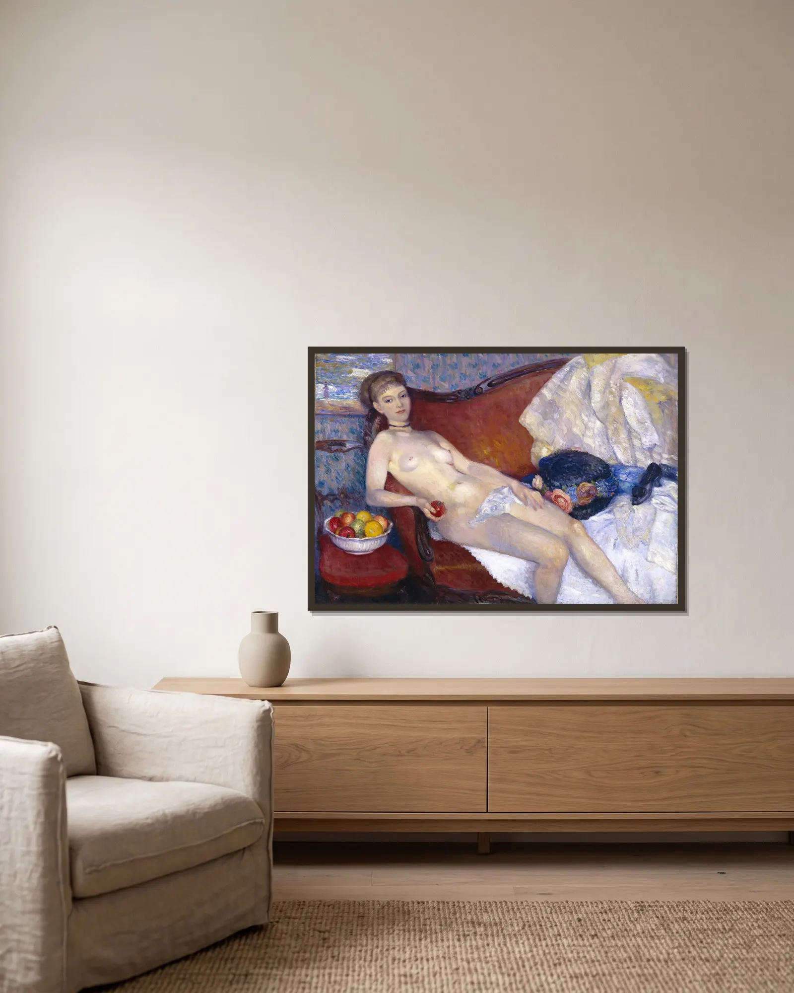 Nude with Apple av William James Glackens inramad på en vägg