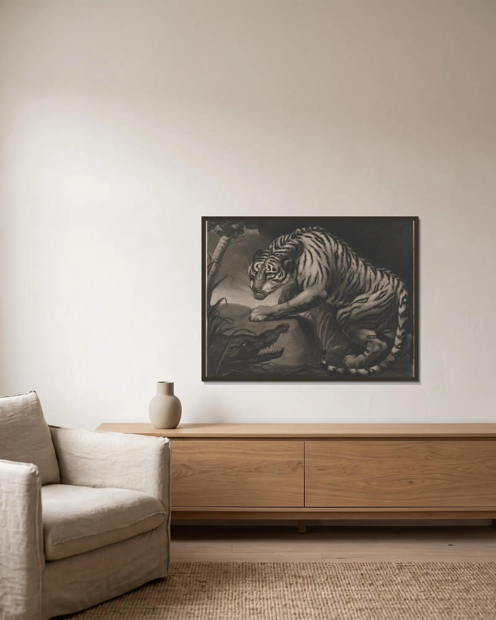 Tiger and Crocodile av James Northcote inramad på en vägg