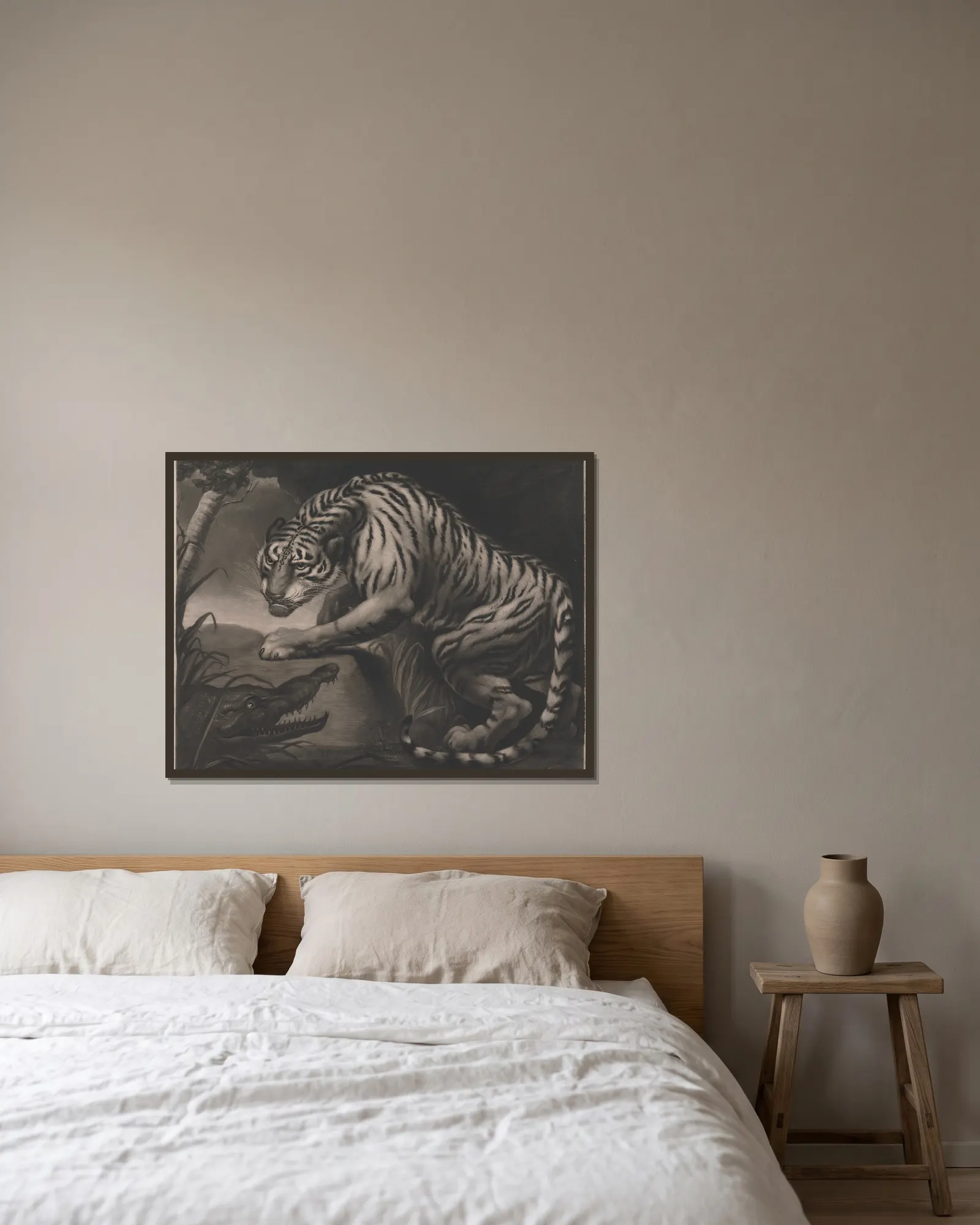 Tiger and Crocodile av James Northcote inramad på en vägg
