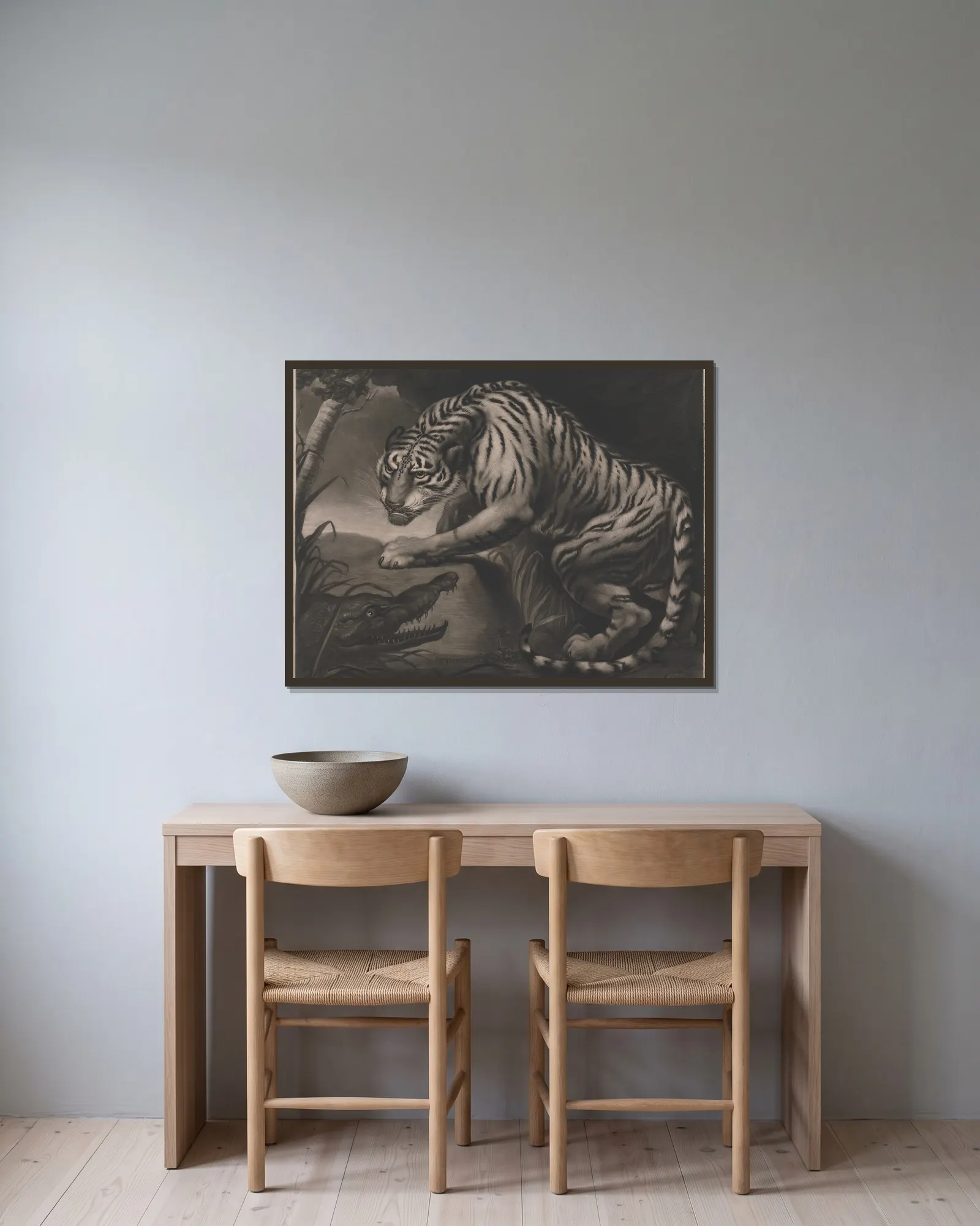 Tiger and Crocodile av James Northcote inramad på en vägg