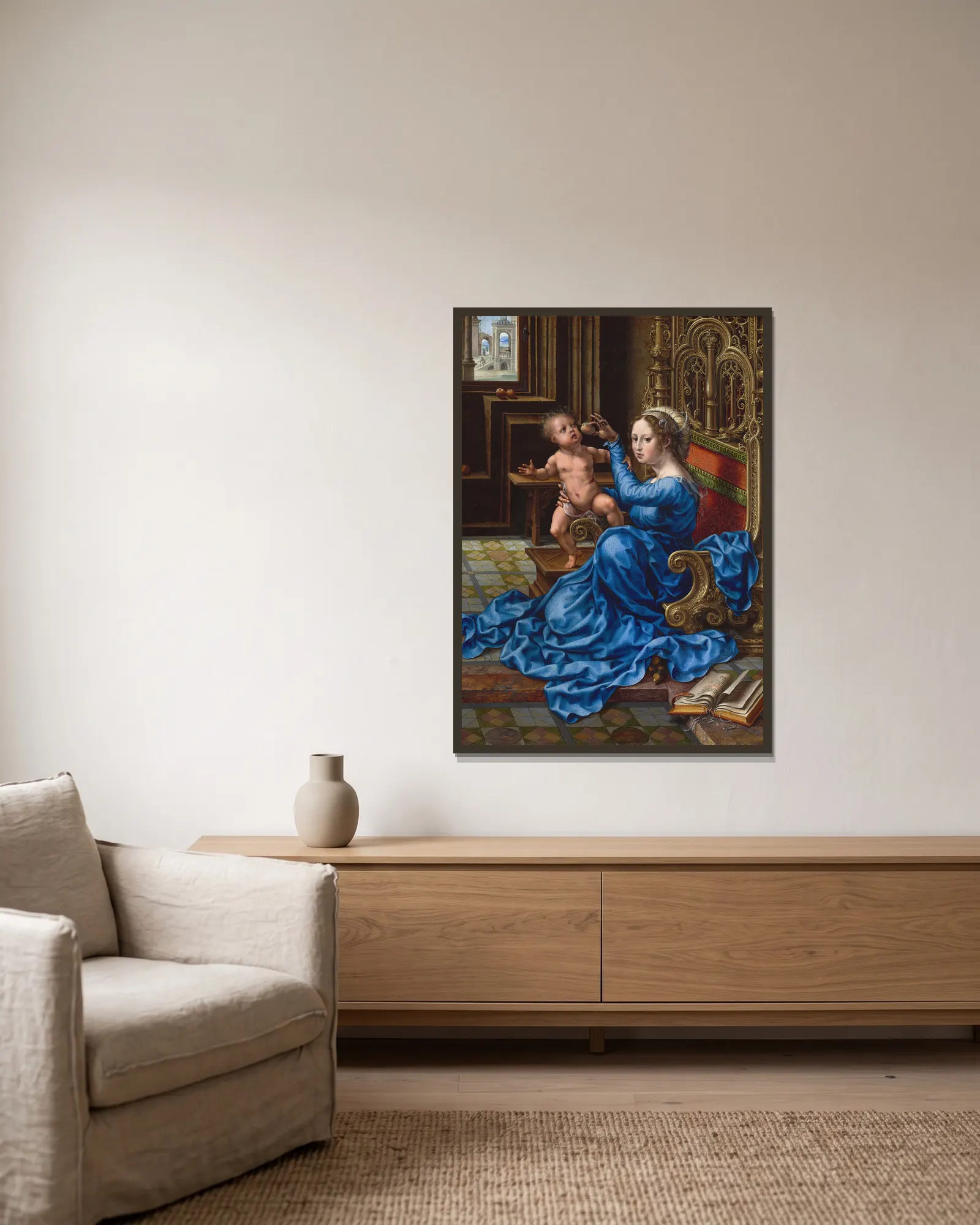 Madonna and Child, 1532 av Jan Gossaert inramad på en vägg