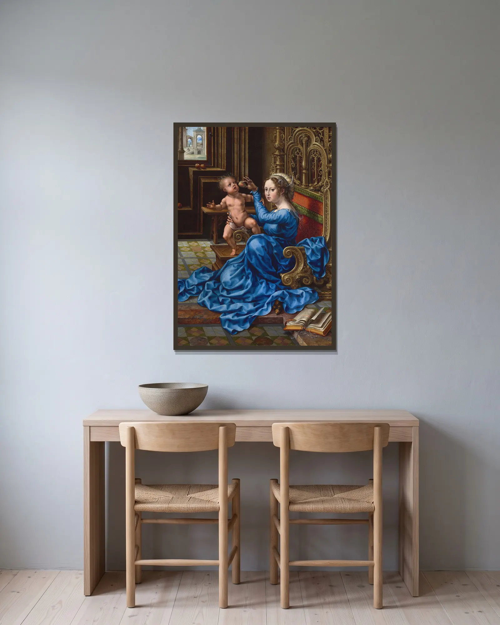 Madonna and Child, 1532 av Jan Gossaert inramad på en vägg