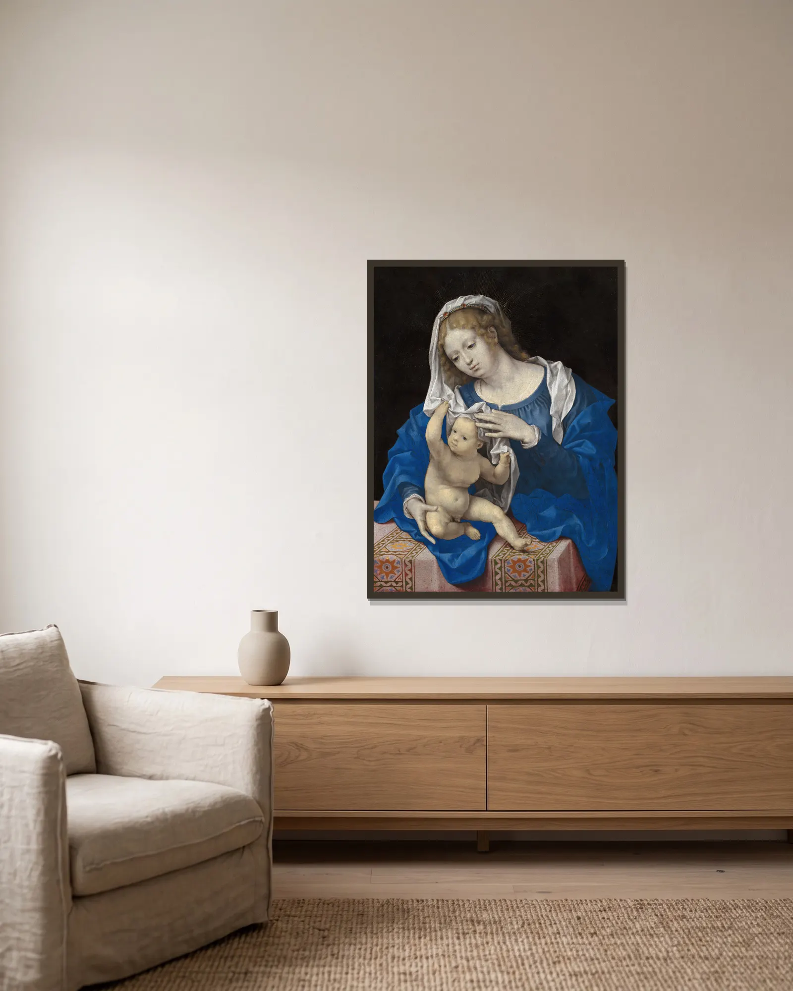 Madonna and Child, 1520 av Jan Gossaert inramad på en vägg