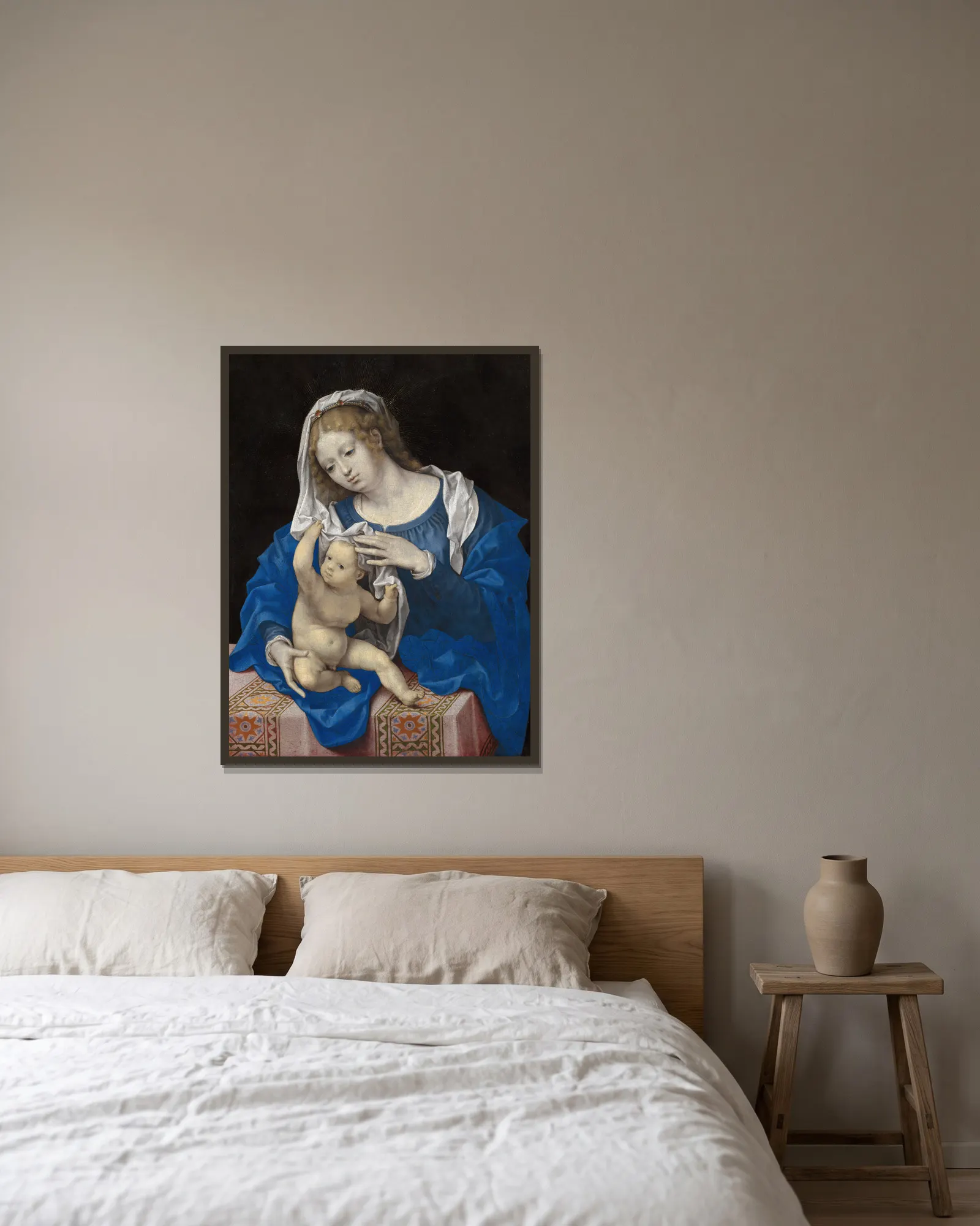 Madonna and Child, 1520 av Jan Gossaert inramad på en vägg