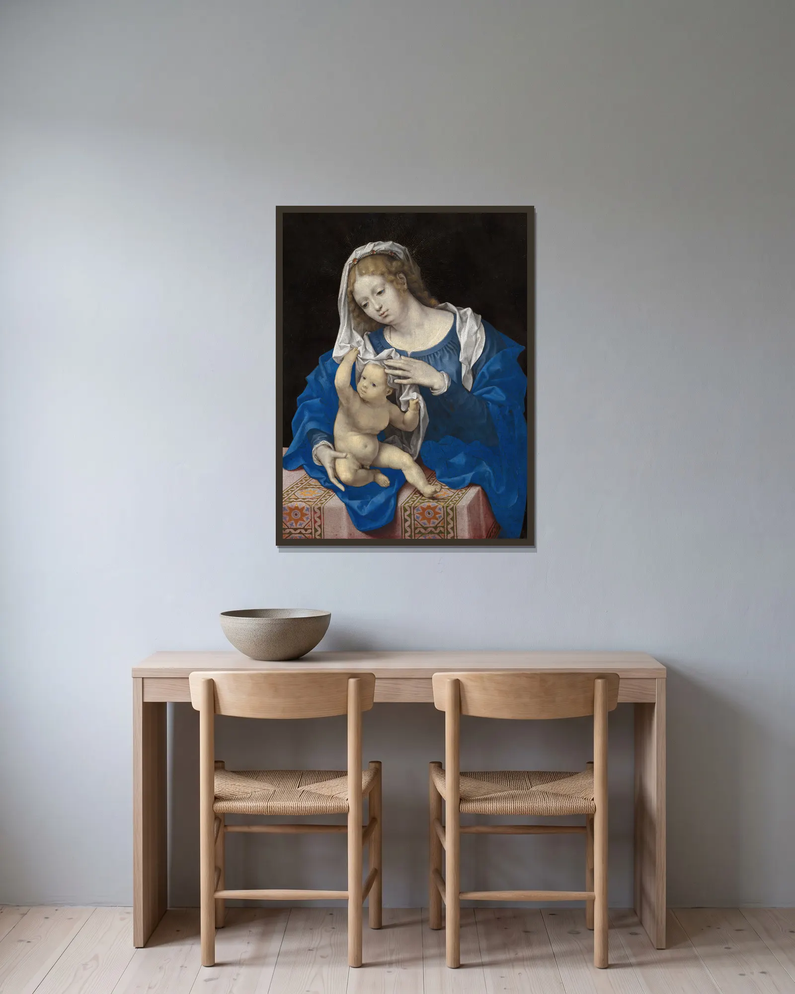 Madonna and Child, 1520 av Jan Gossaert inramad på en vägg