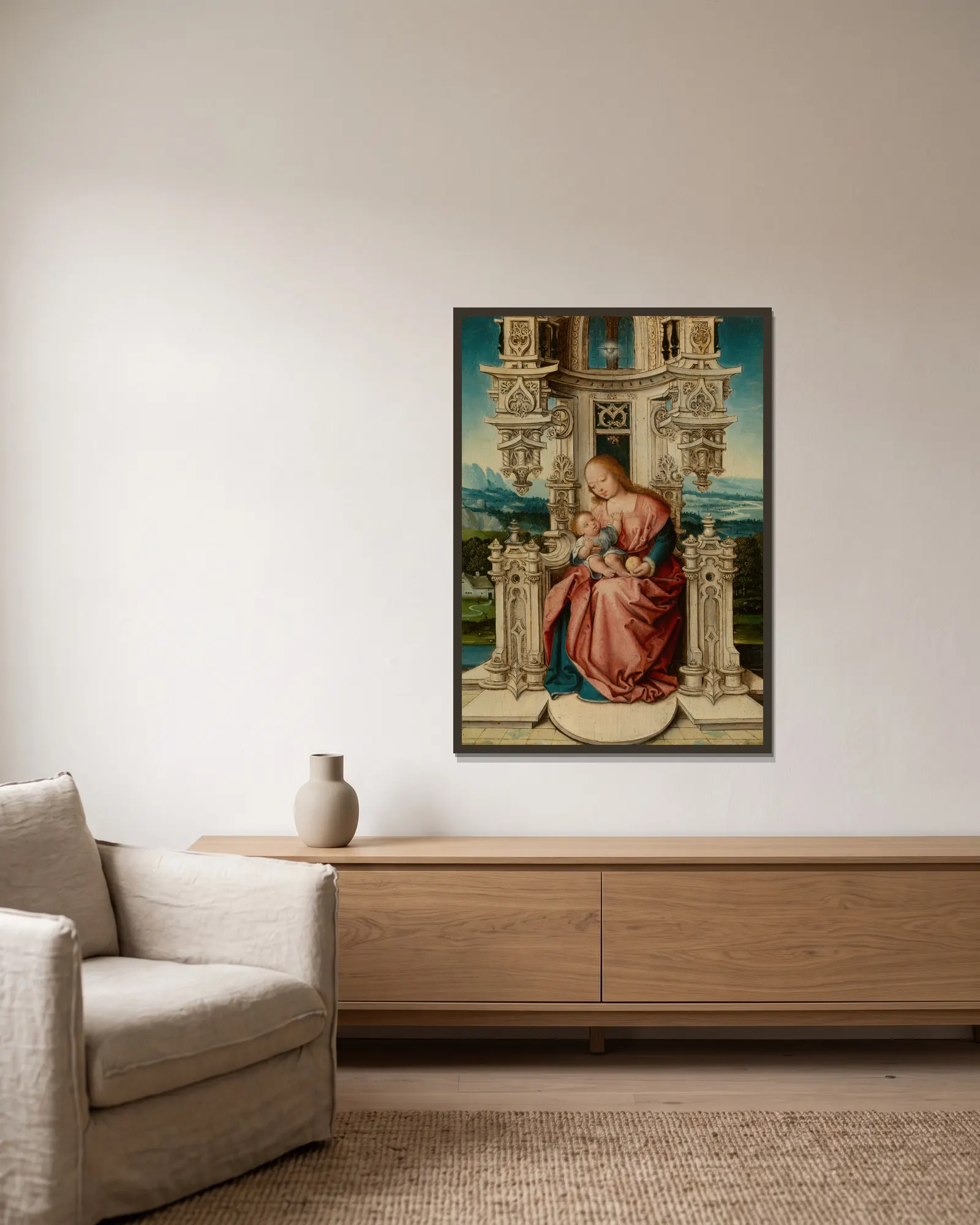 Madonna av Jan Gossaert inramad på en vägg