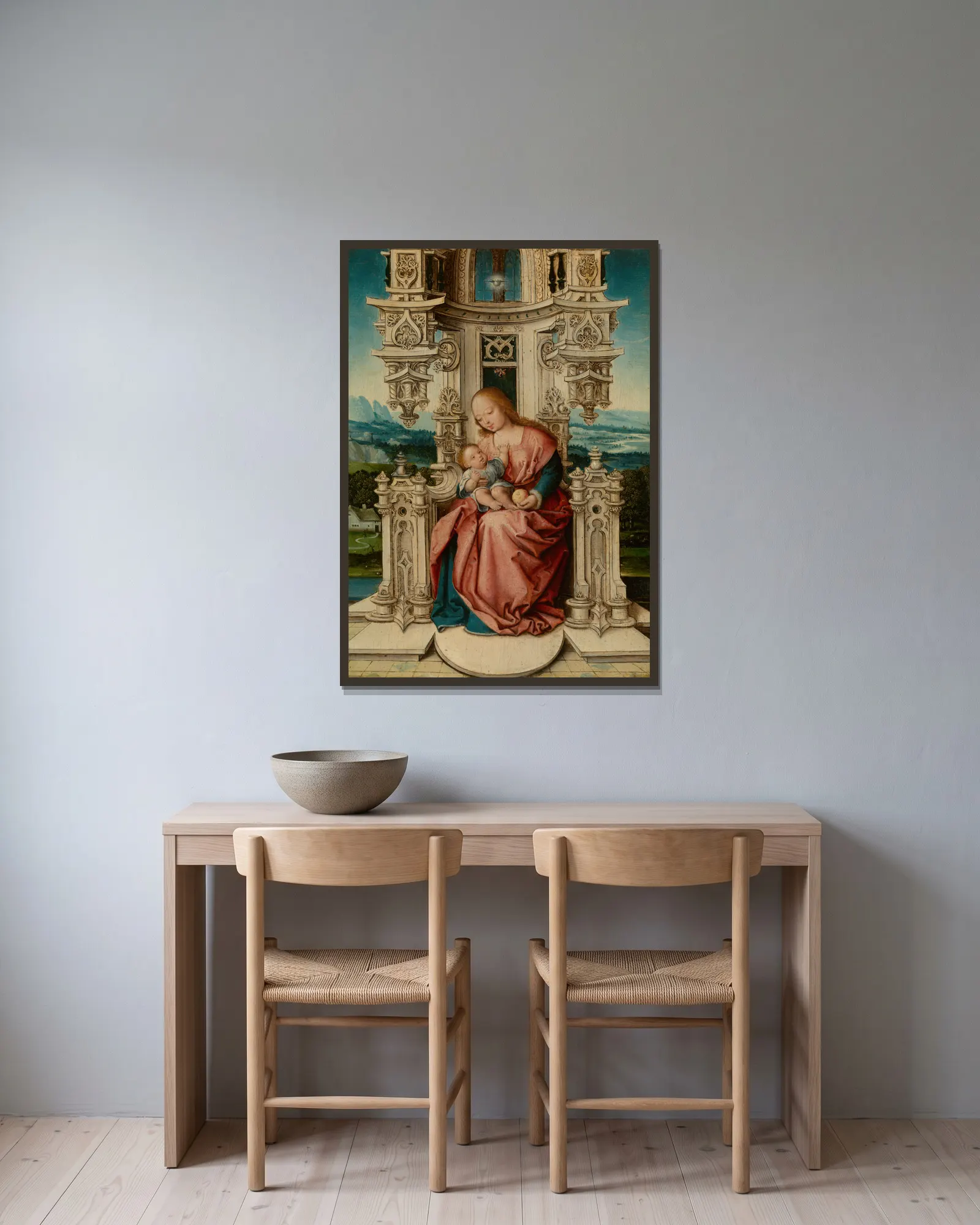 Madonna av Jan Gossaert inramad på en vägg