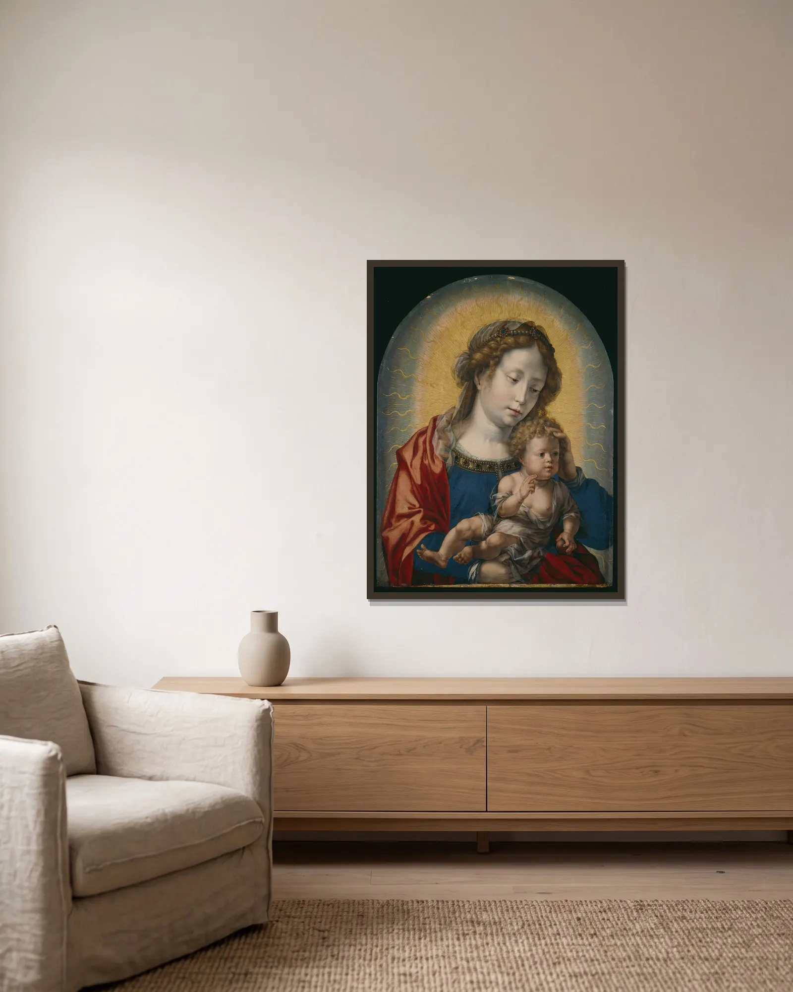Virgin and Child av Jan Gossaert inramad på en vägg