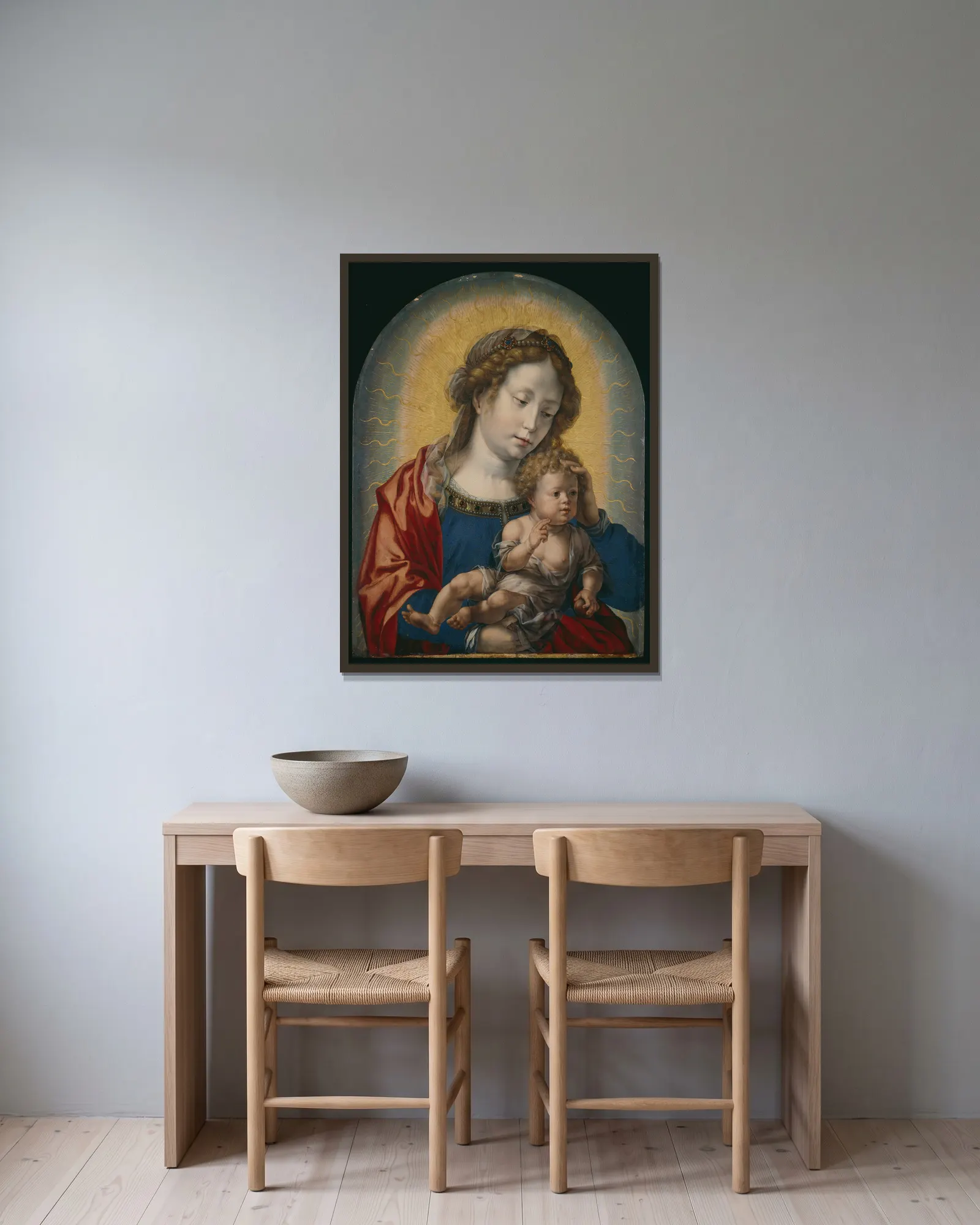 Virgin and Child av Jan Gossaert inramad på en vägg