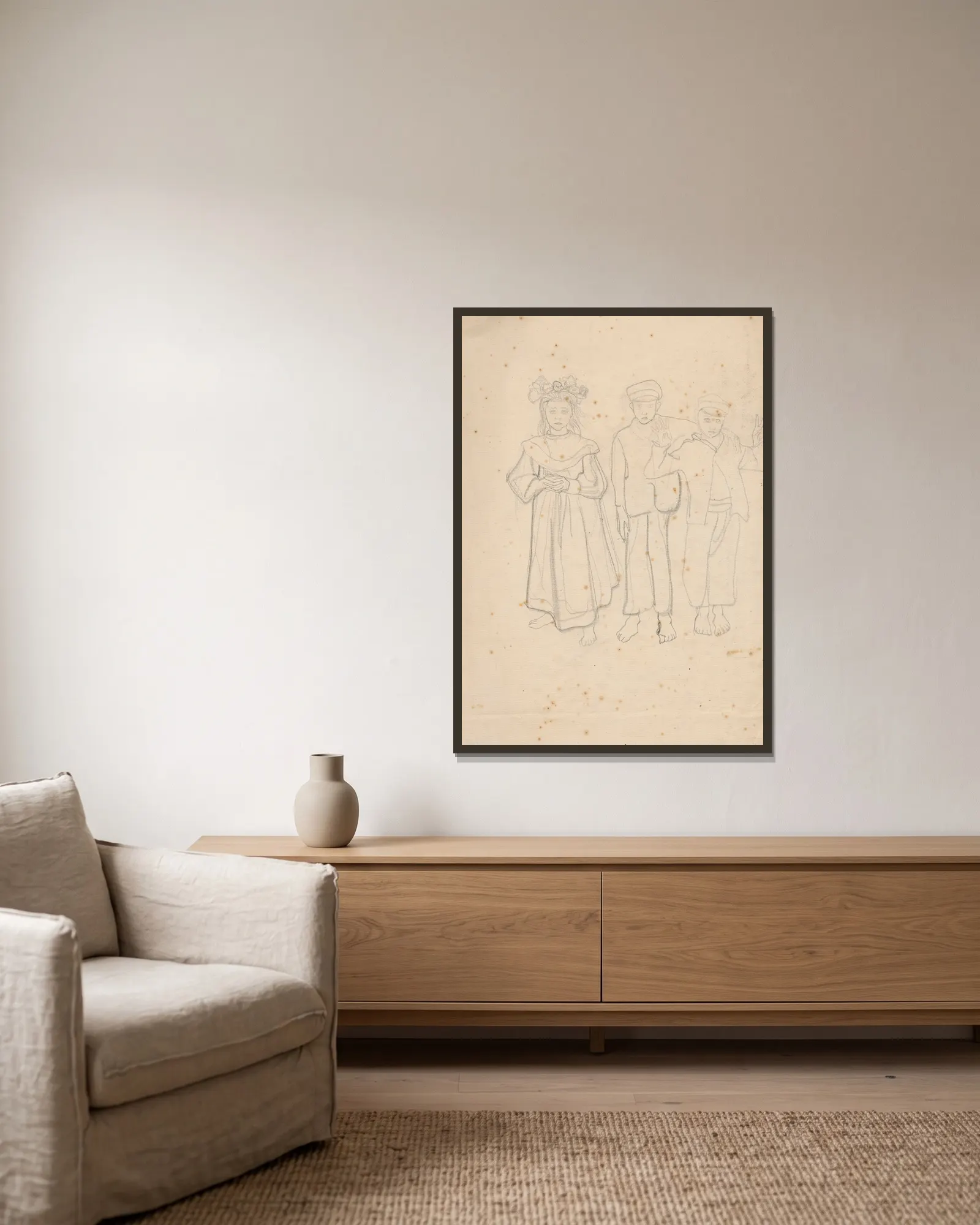 Three peasant children av Jan Rembowski inramad på en vägg