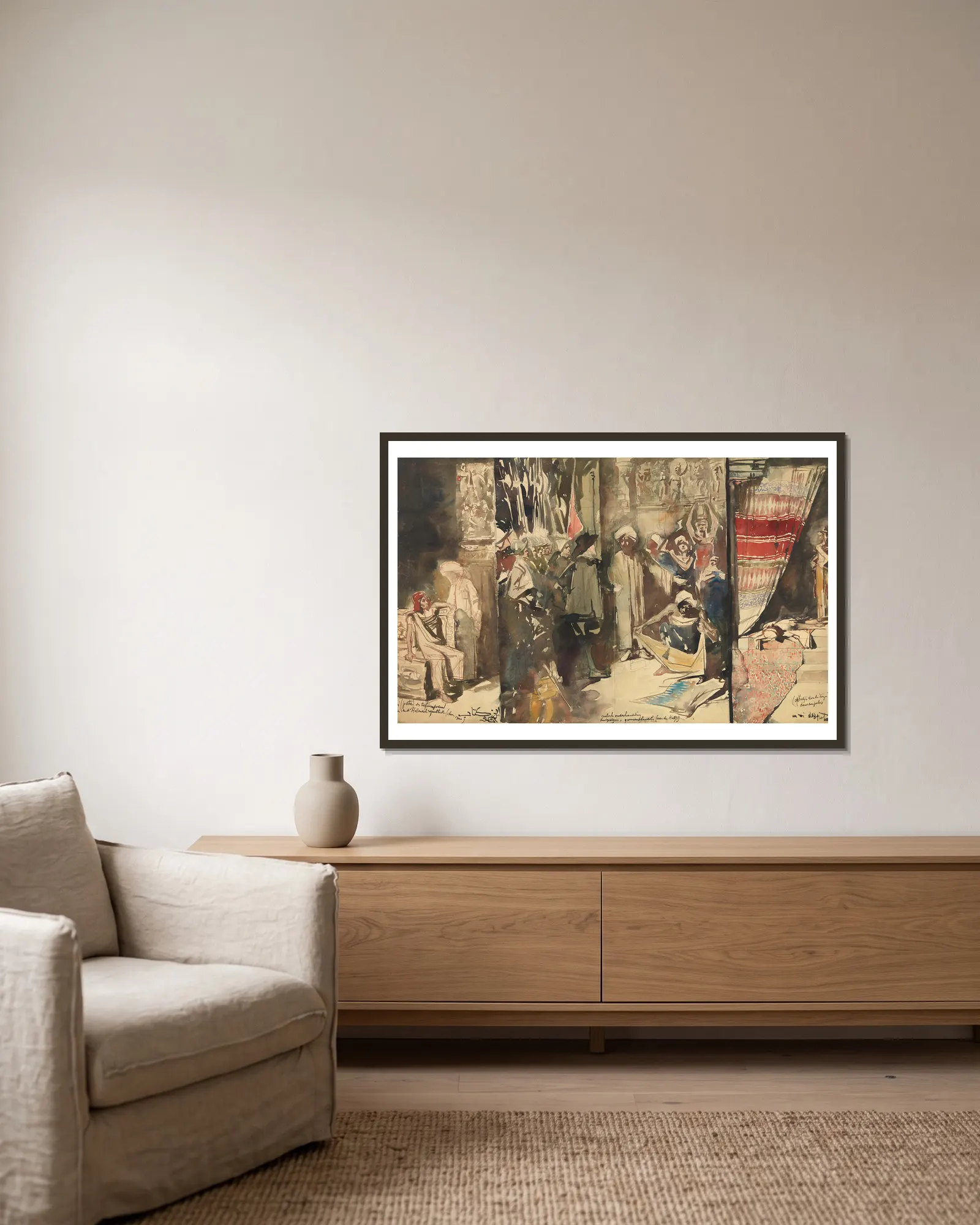 Large Indian Triptych av Jan Toorop inramad på en vägg
