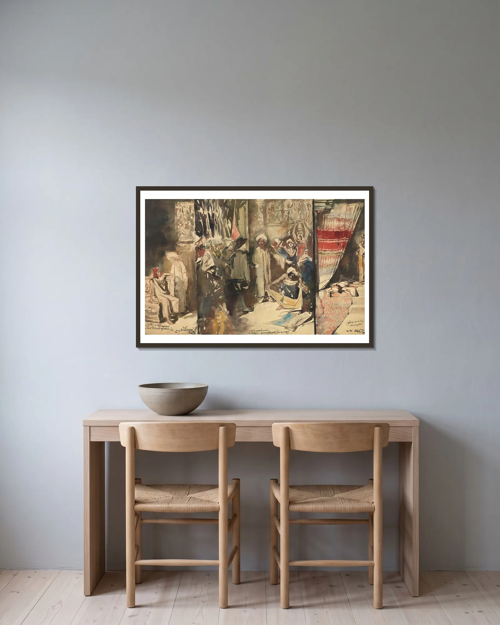 Large Indian Triptych av Jan Toorop inramad på en vägg