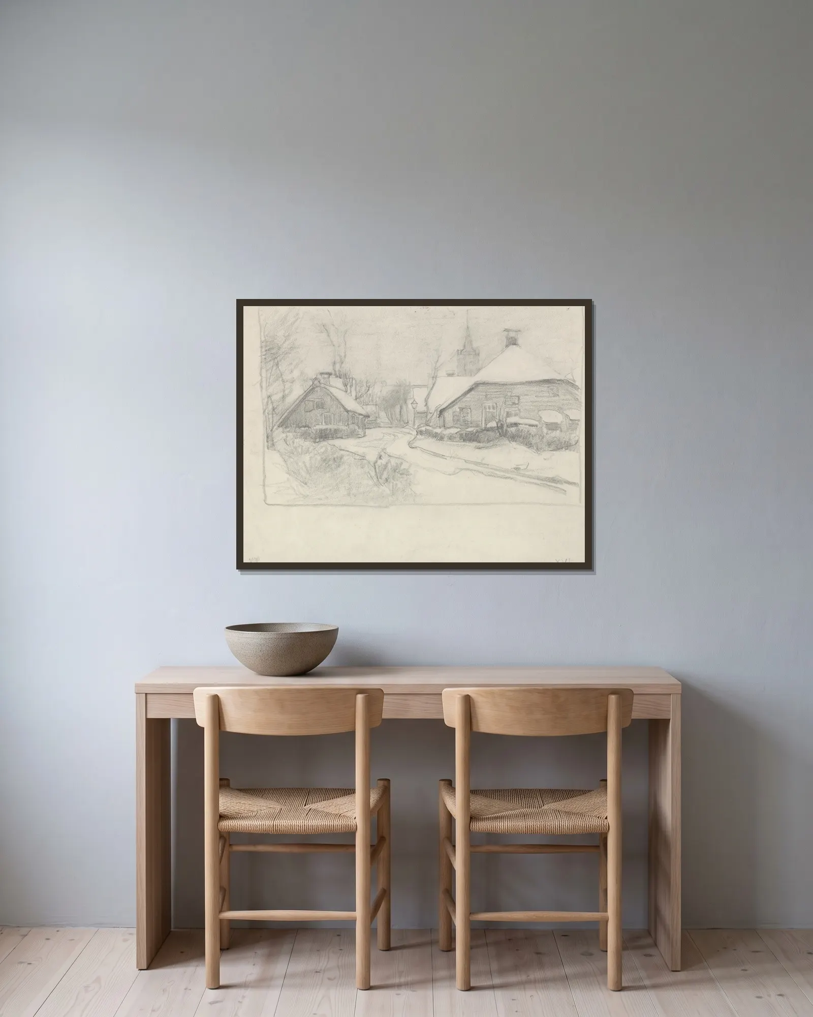 Besneeuwd dorpje av Jan Veth inramad på en vägg