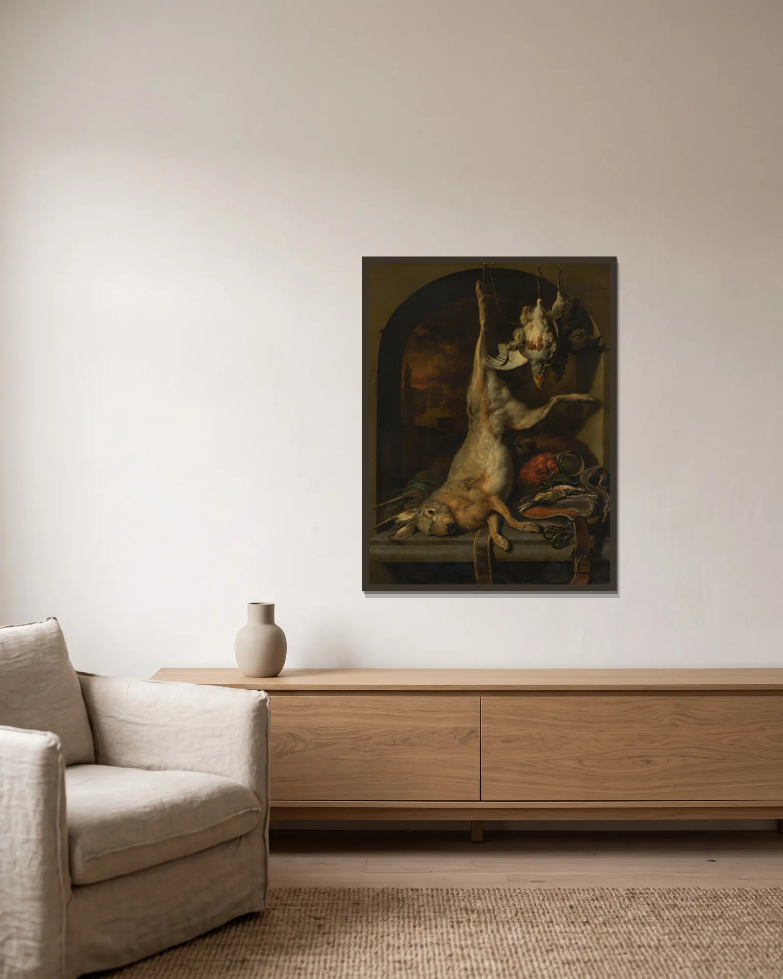 Dead Hare av Jan Weenix inramad på en vägg
