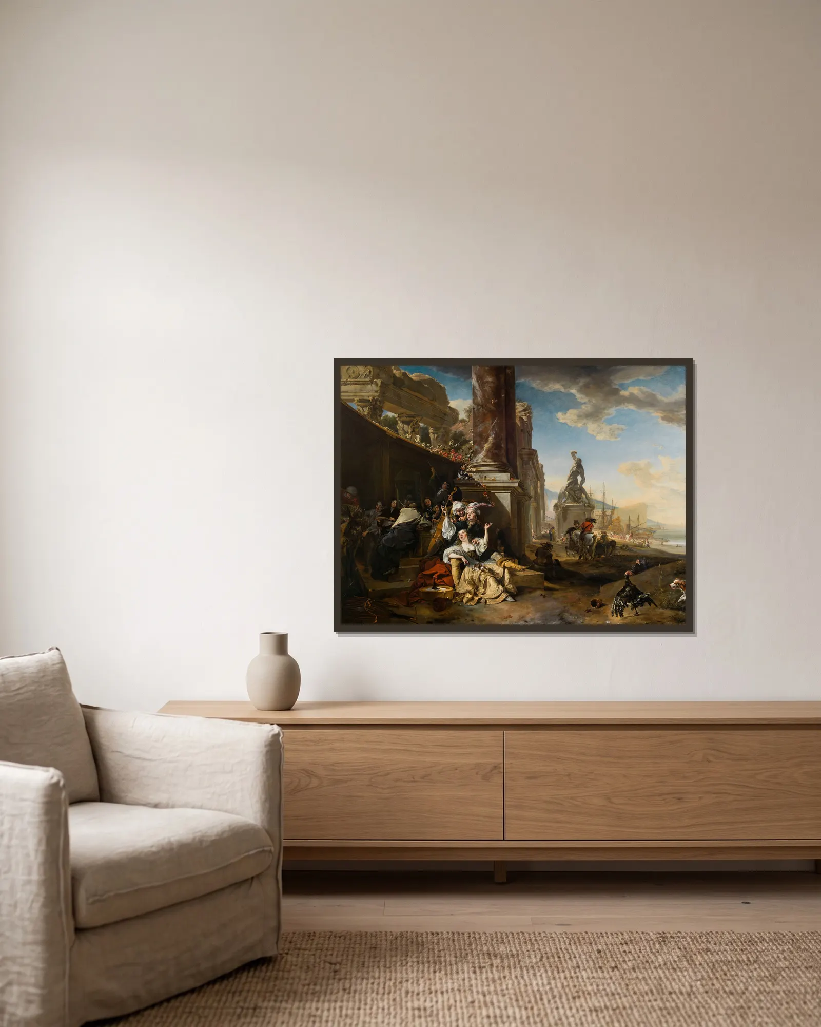 La Partie de plaisir av Jan Weenix inramad på en vägg