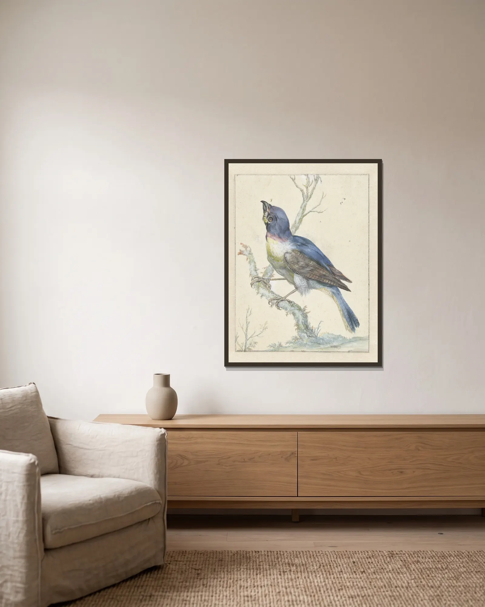 Lazuli Bunting av Jan Weenix inramad på en vägg