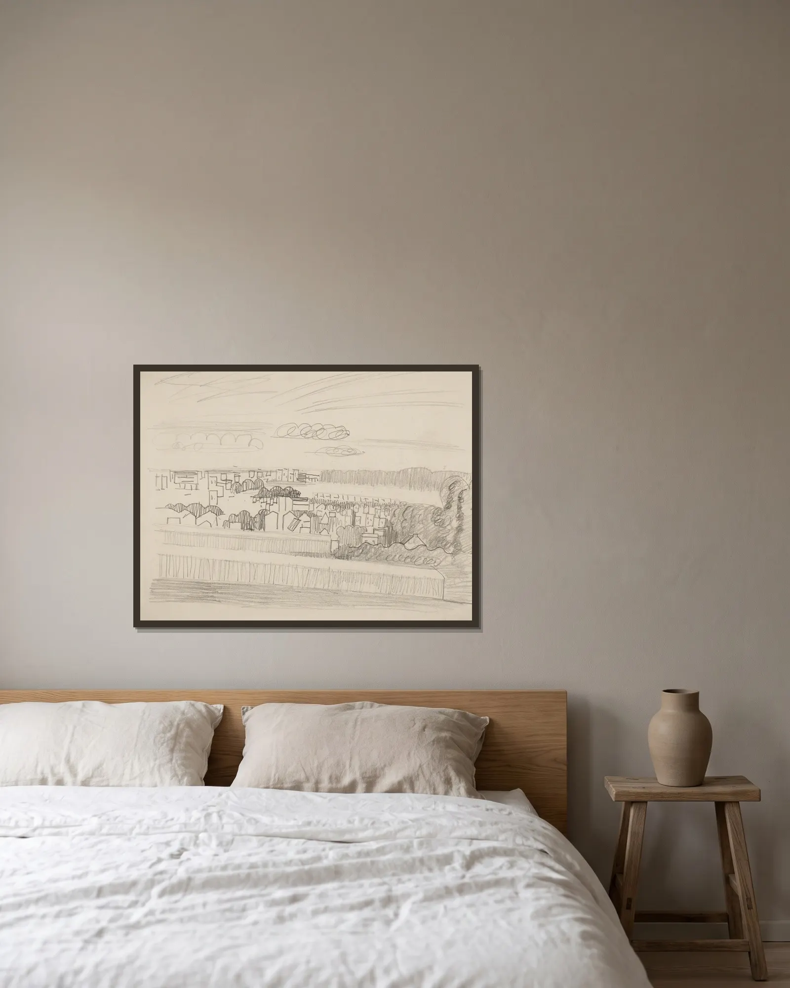 Landschap av Jean Brusselmans inramad på en vägg