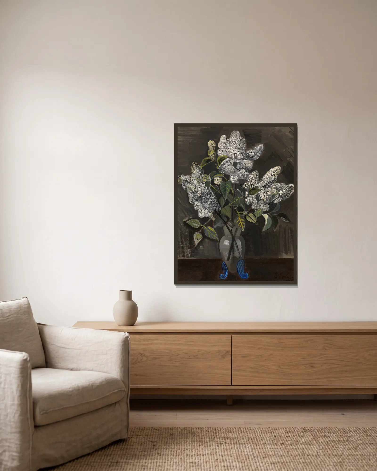 Lilacs av Jean Brusselmans inramad på en vägg