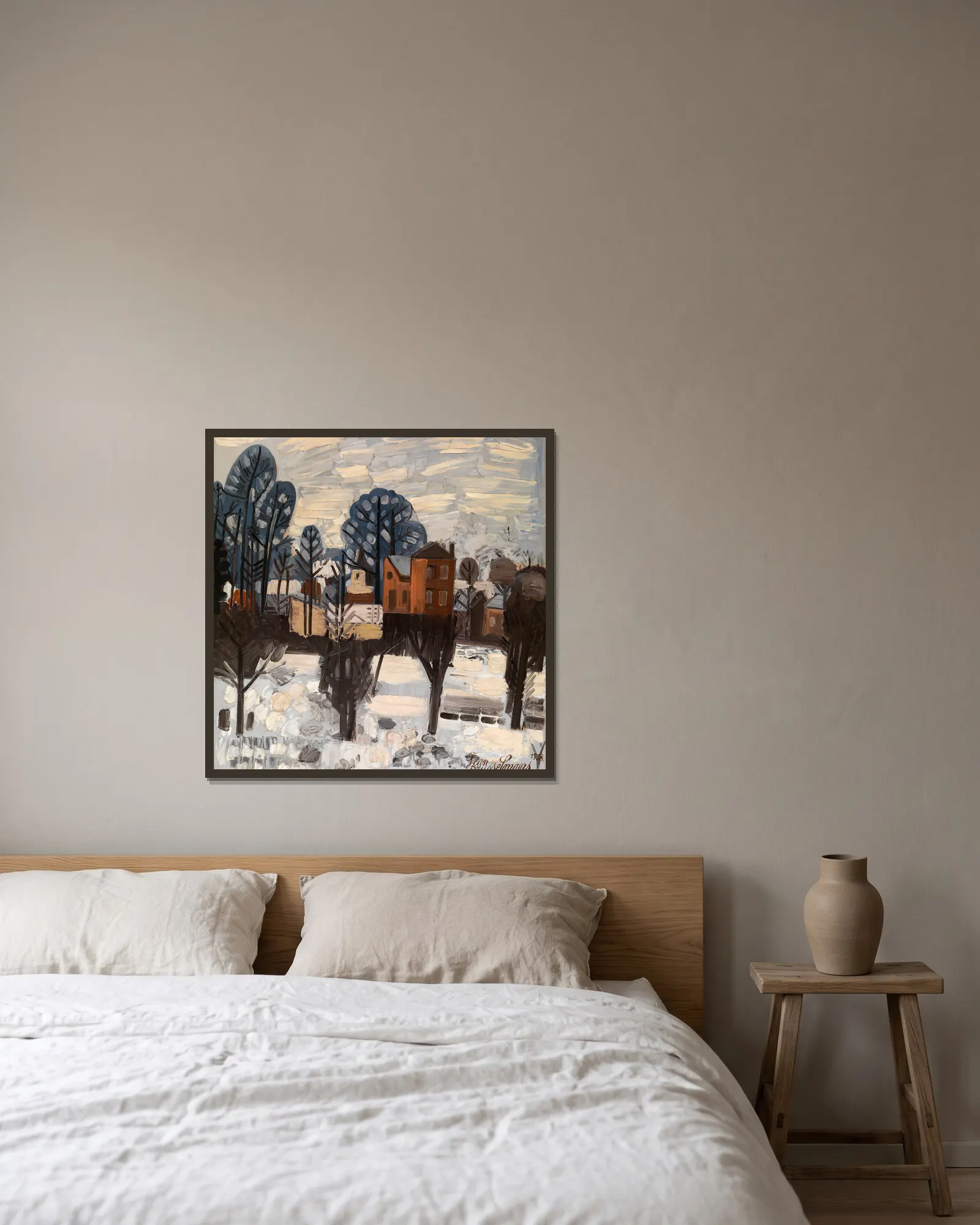 Snowy Landscape av Jean Brusselmans inramad på en vägg