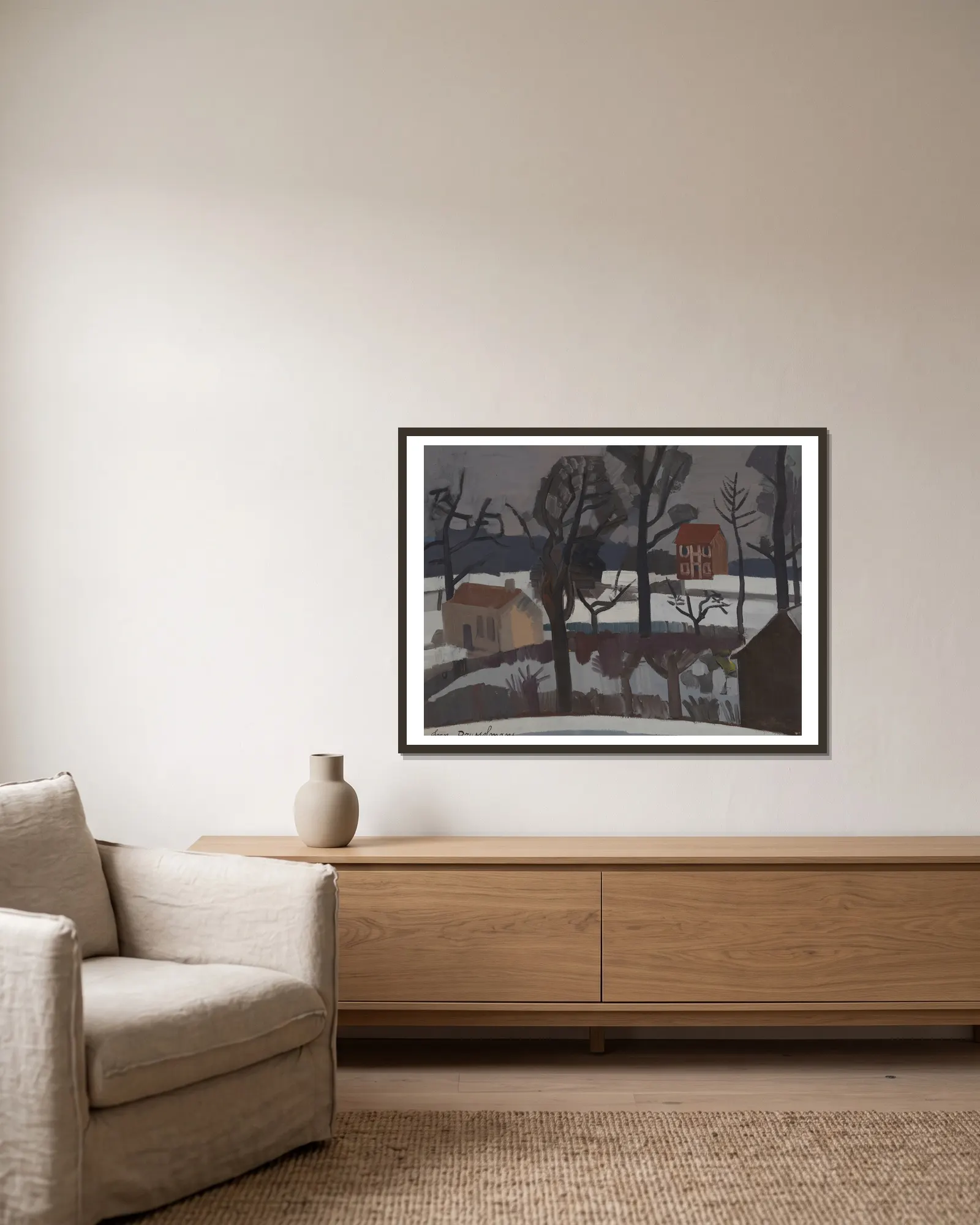 Winterlandschap (Sneeuwlandschap) av Jean Brusselmans inramad på en vägg