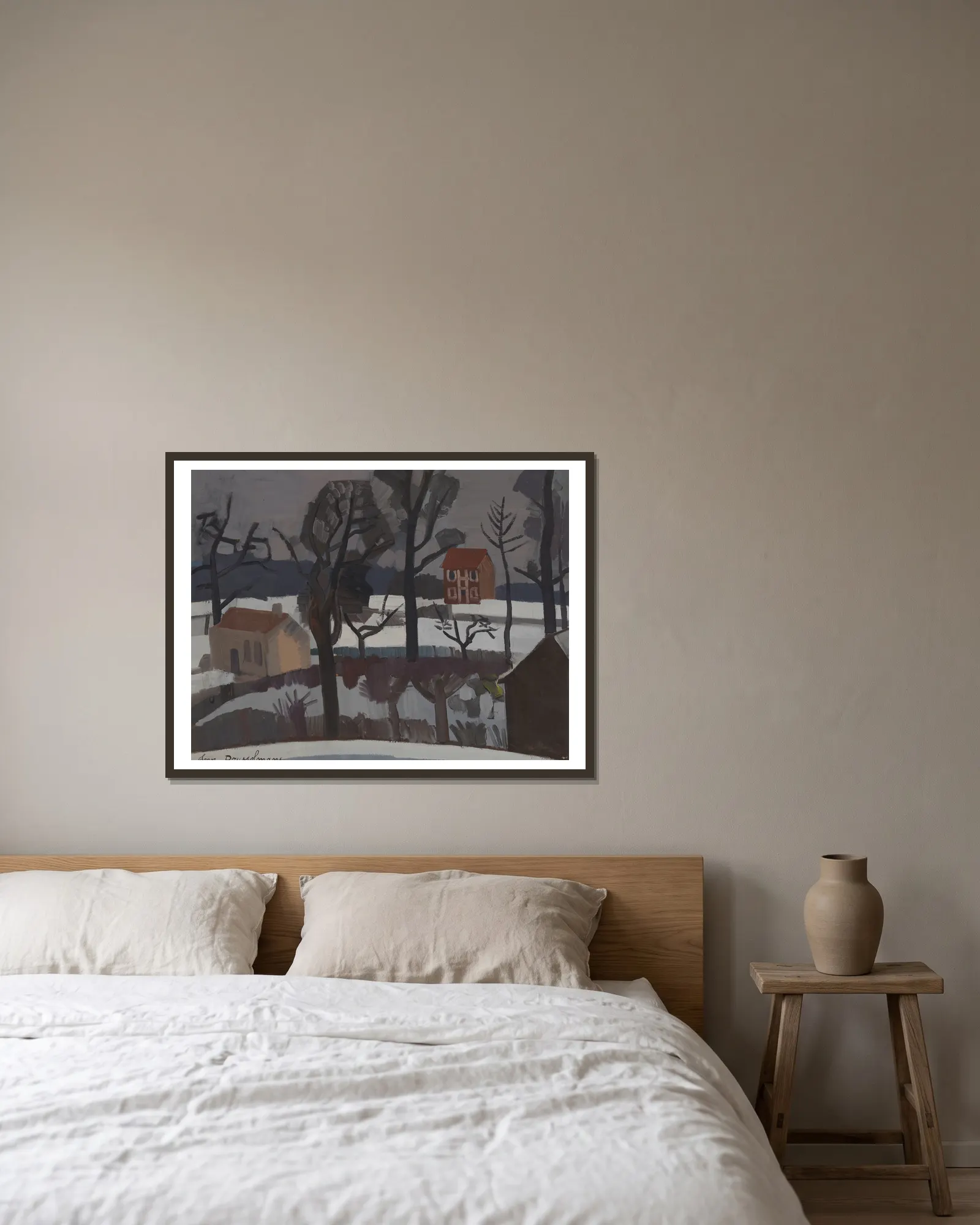 Winterlandschap (Sneeuwlandschap) av Jean Brusselmans inramad på en vägg