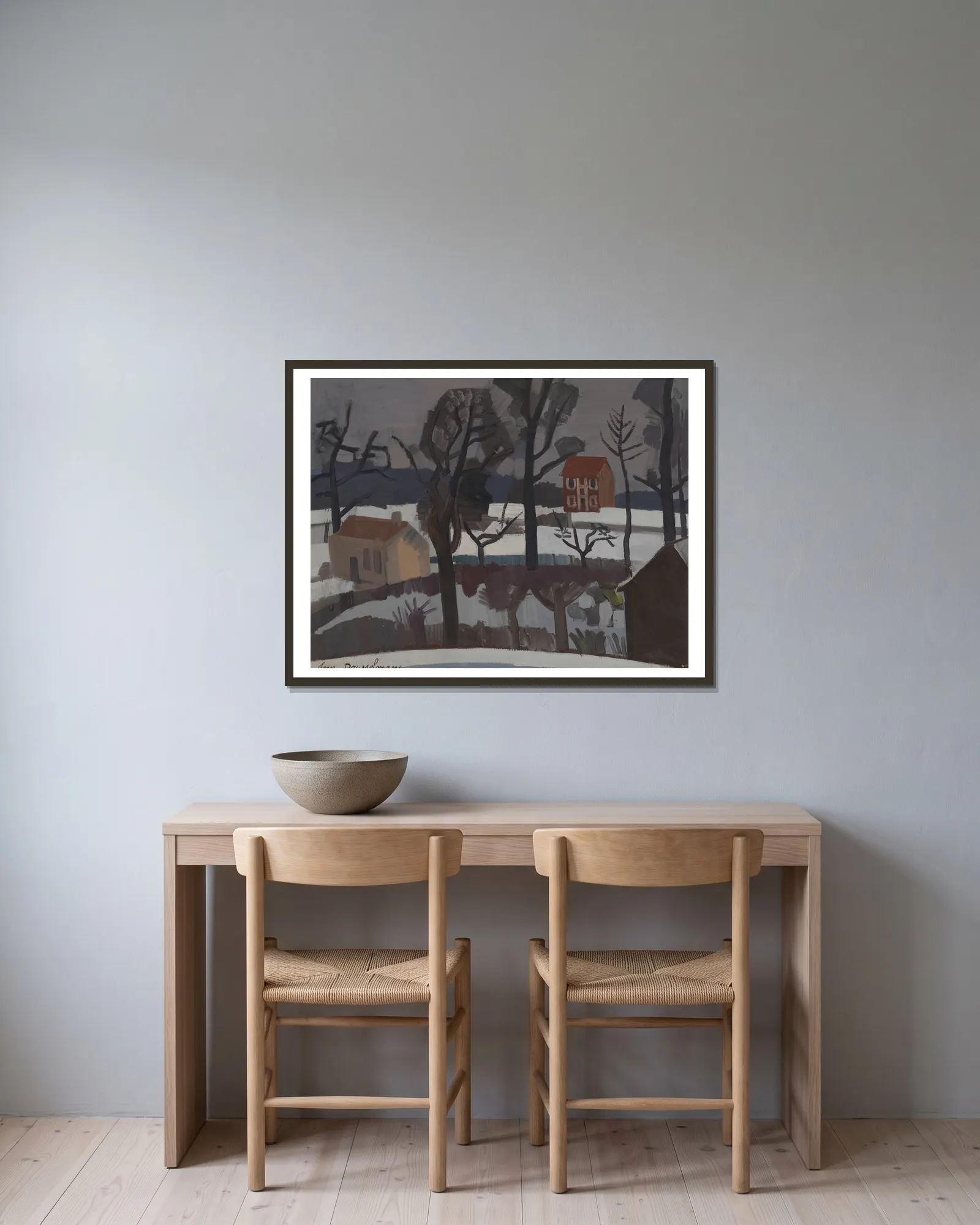 Winterlandschap (Sneeuwlandschap) av Jean Brusselmans inramad på en vägg