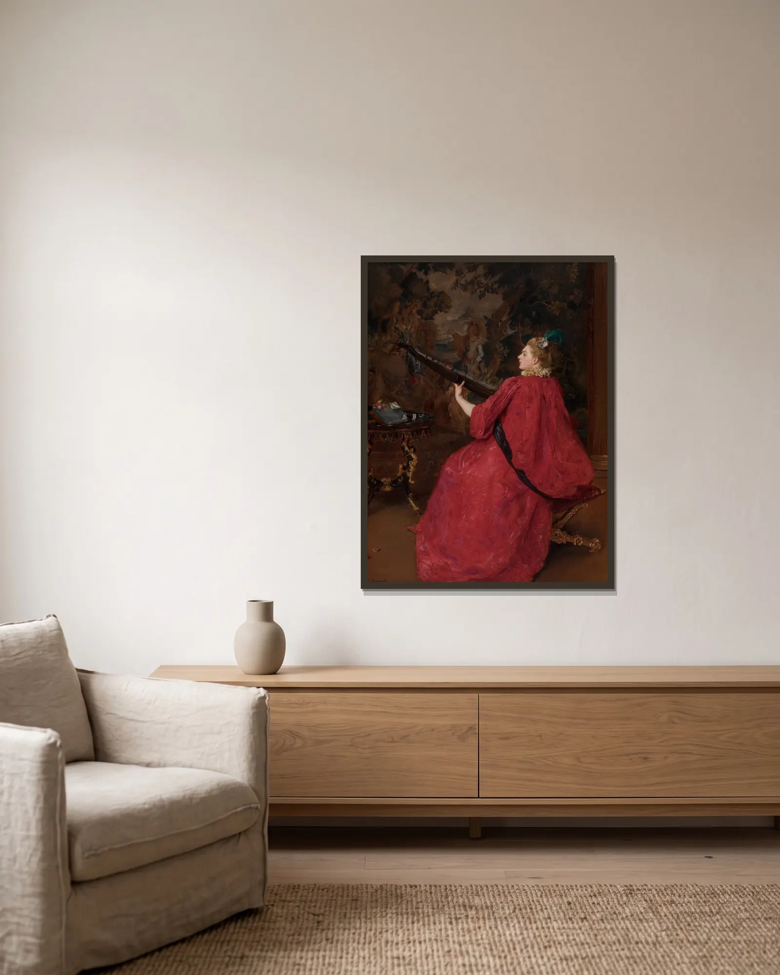 La musicienne av Gustave Jean Jacquet inramad på en vägg