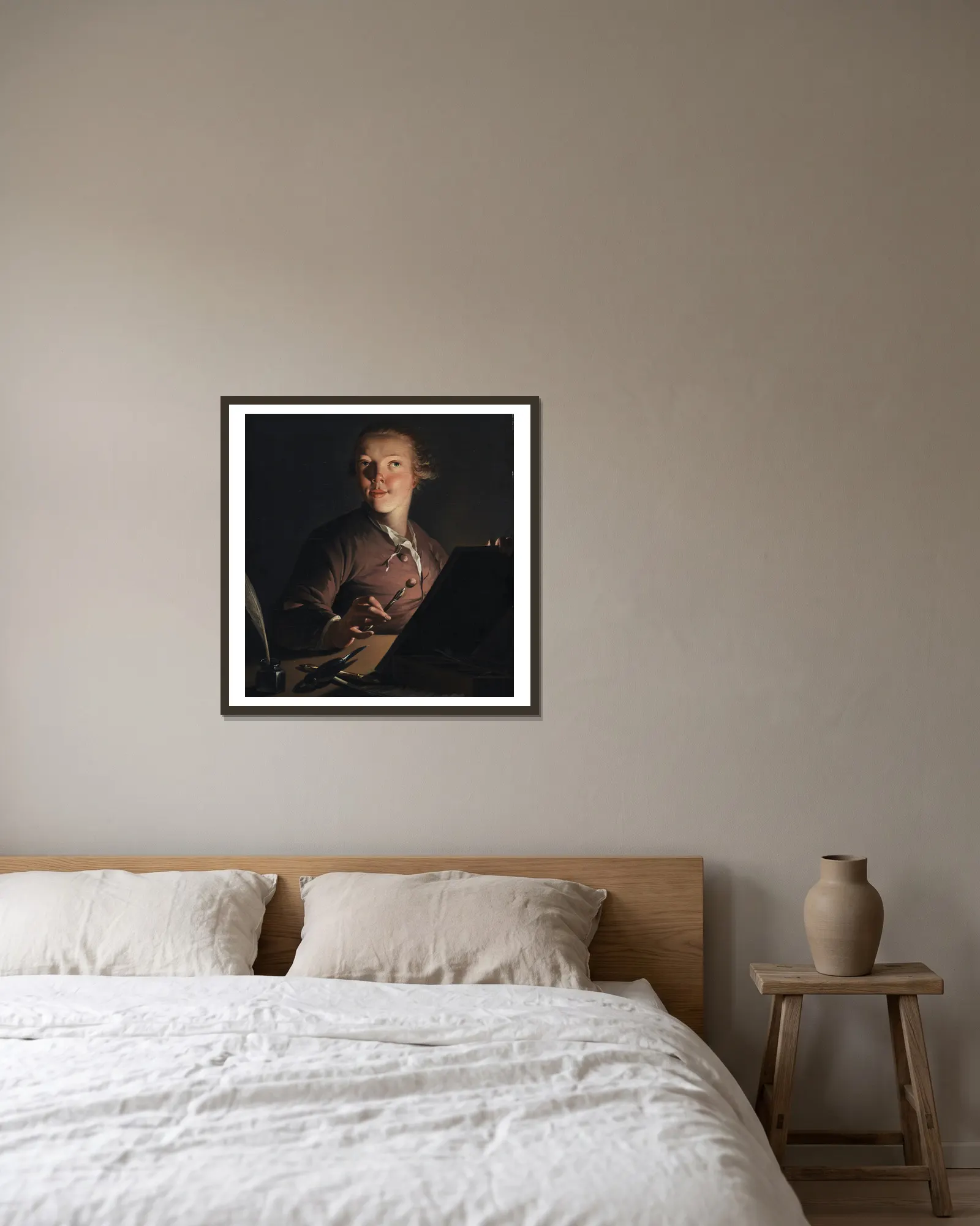 Self-portrait by Candlelight av Jens Juel inramad på en vägg