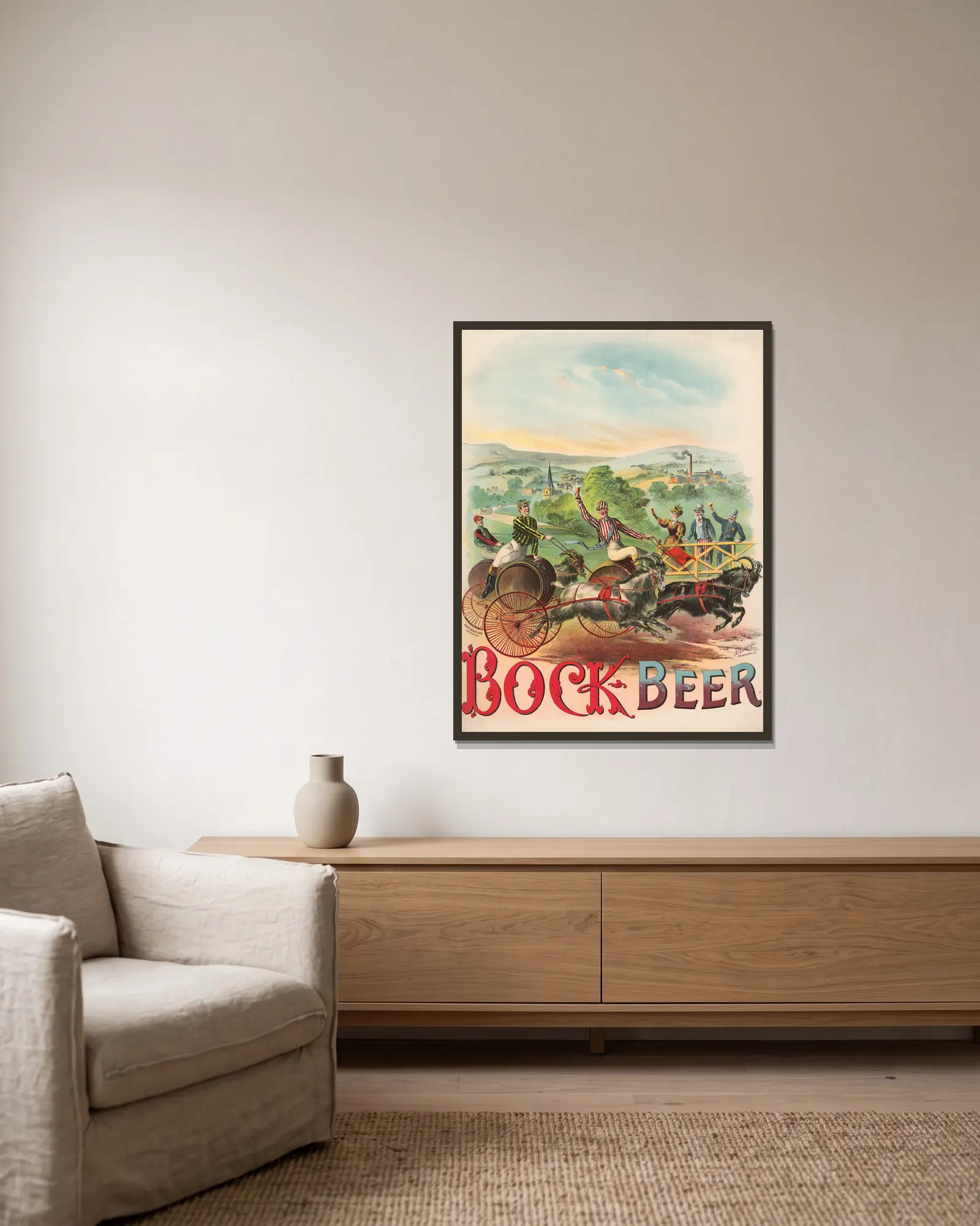 Race Bock, Bock Beer av Henry Jerome Schile inramad på en vägg