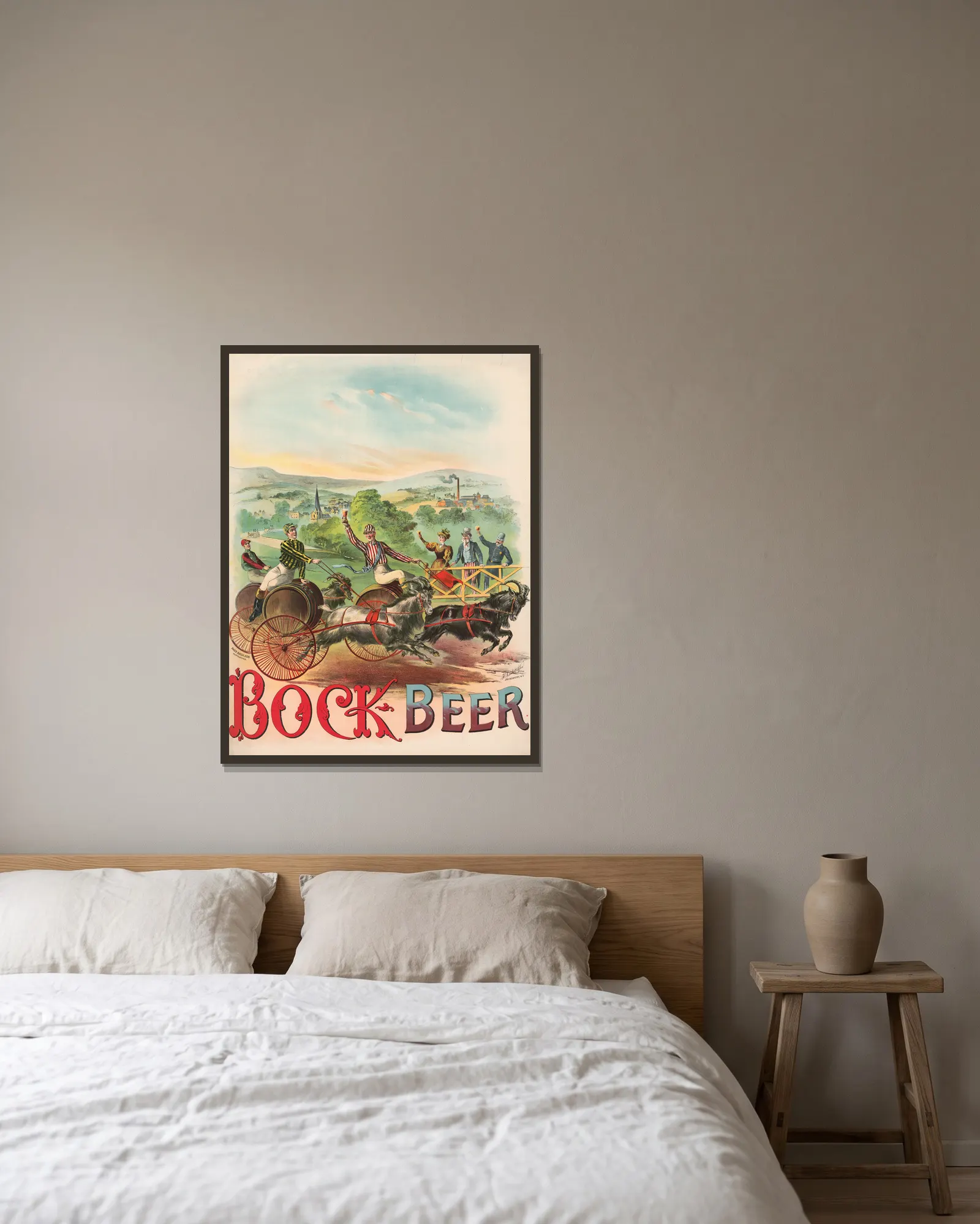 Race Bock, Bock Beer av Henry Jerome Schile inramad på en vägg