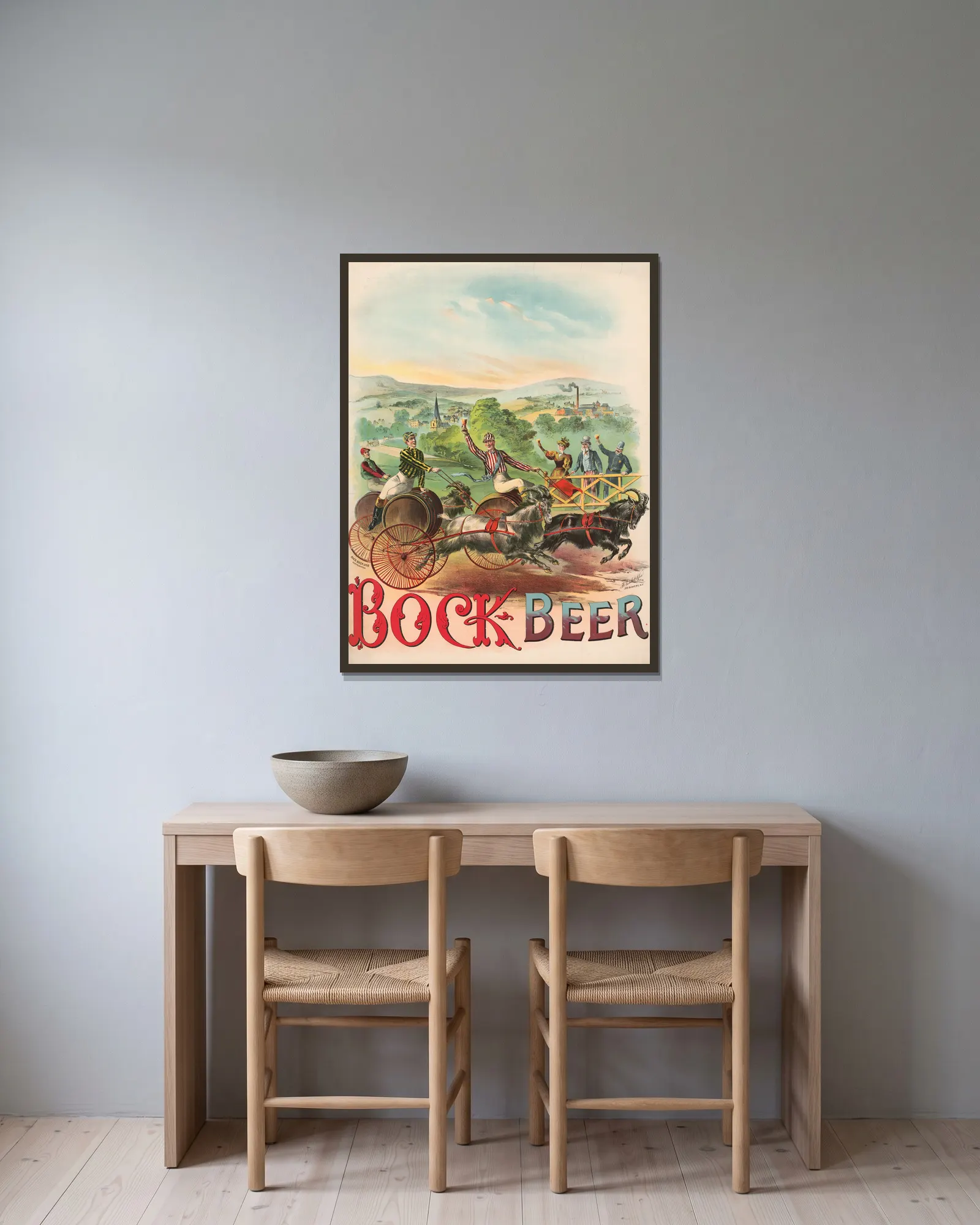 Race Bock, Bock Beer av Henry Jerome Schile inramad på en vägg