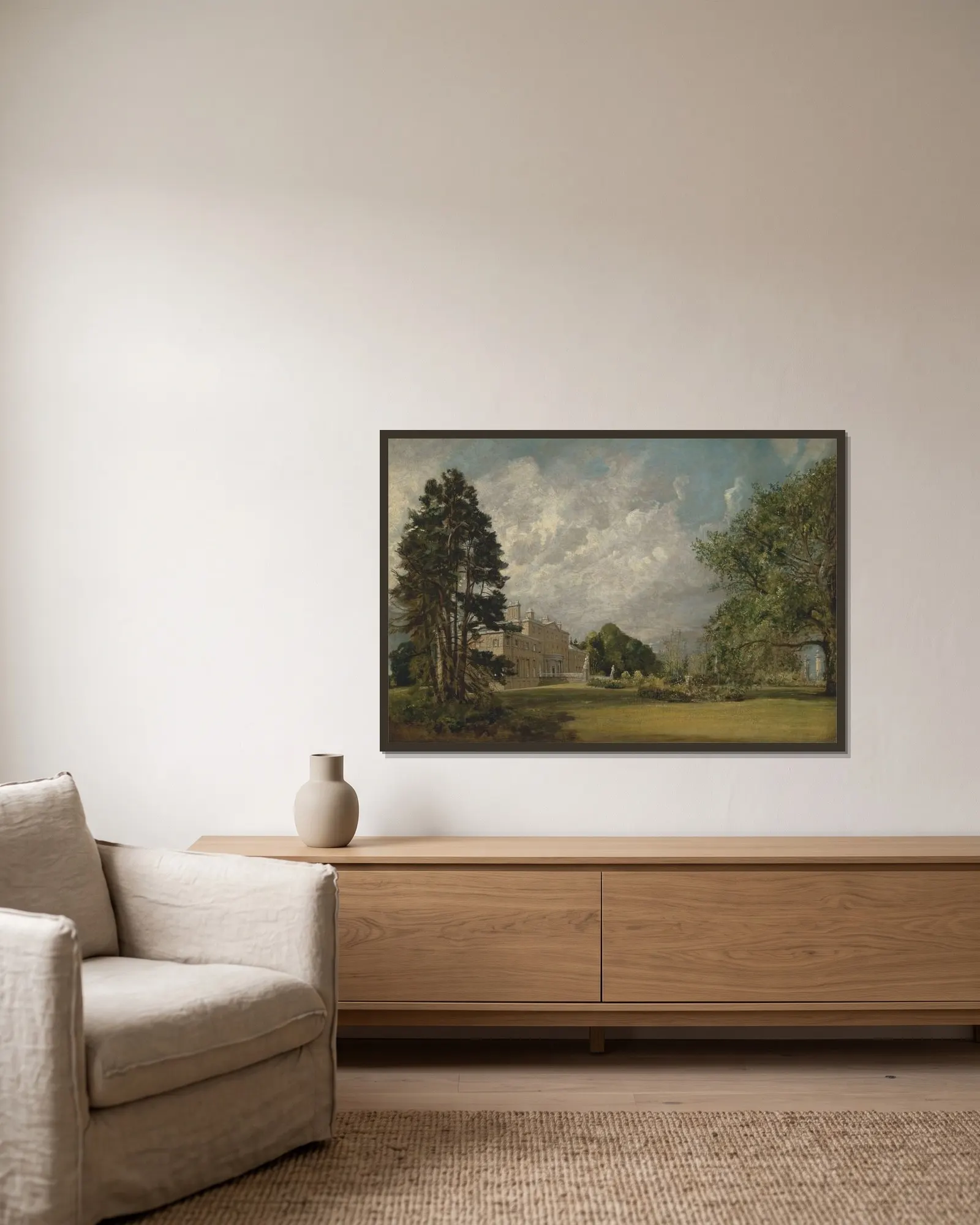 Malvern Hall, Warwickshire av John Constable inramad på en vägg