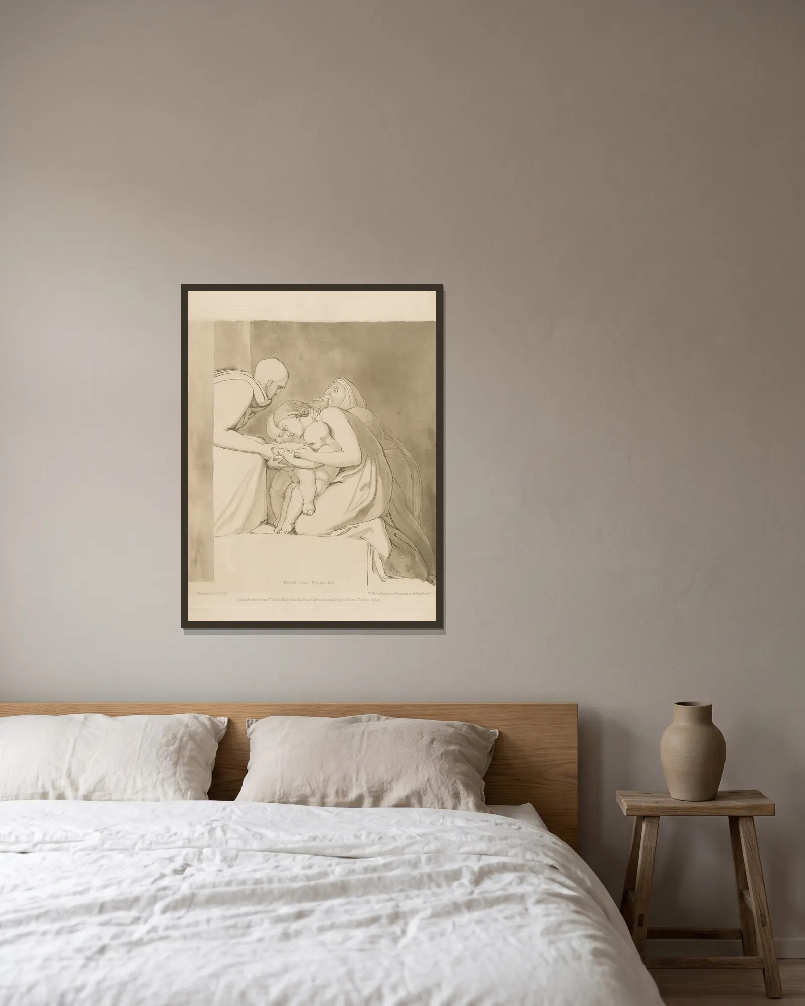 Feed the hungry av John Flaxman inramad på en vägg