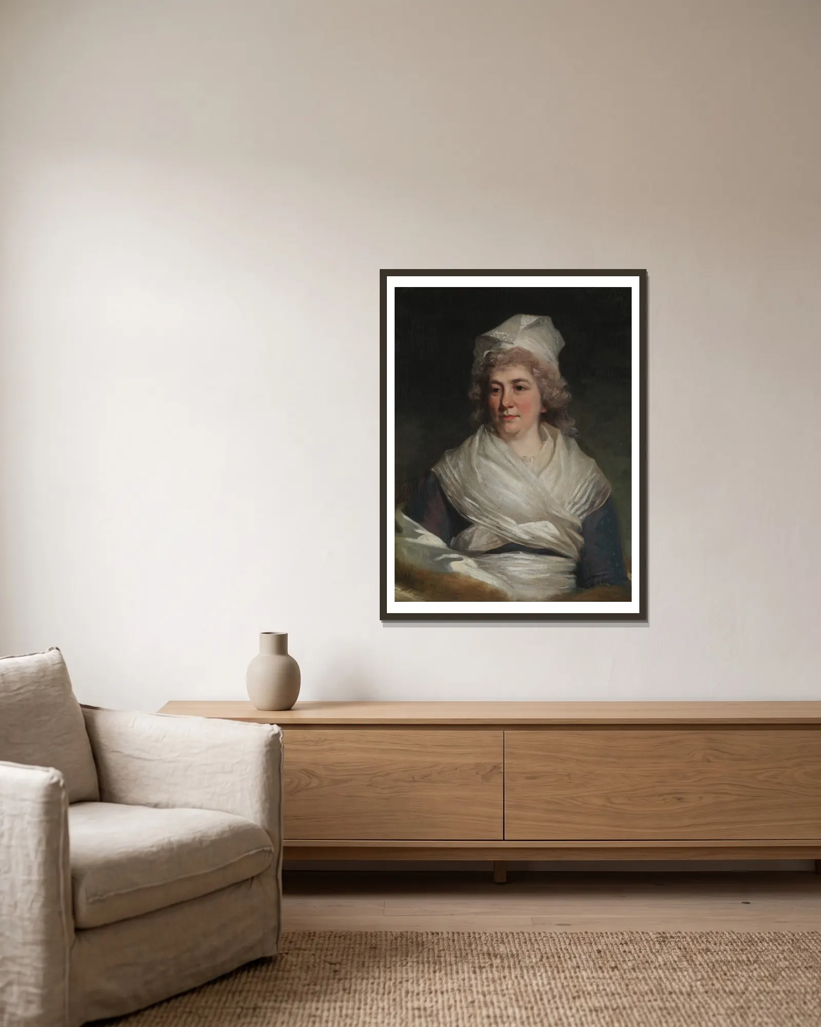 Mrs. Richard Bache (Sarah Franklin, 1743–1808) av John Hoppner inramad på en vägg