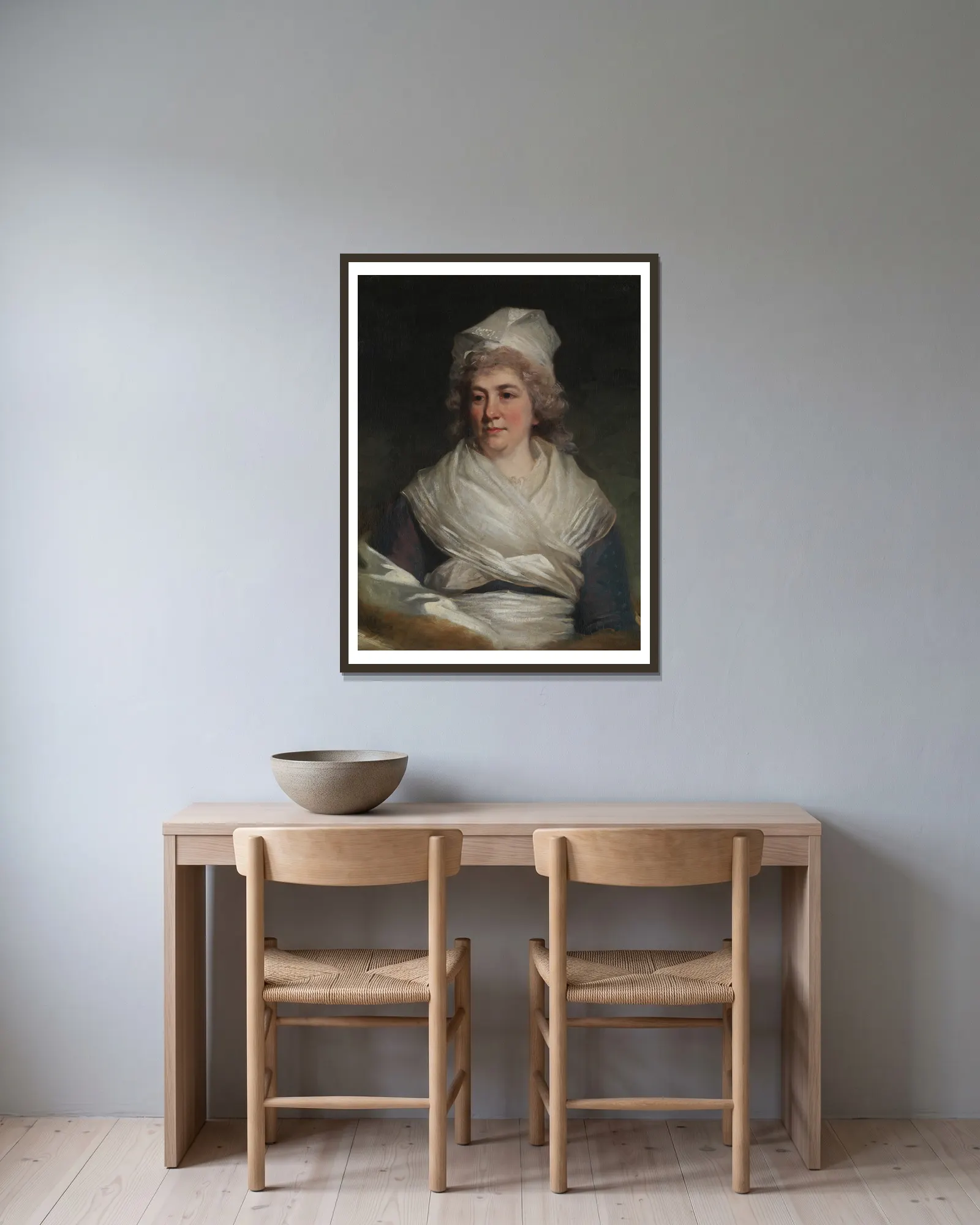 Mrs. Richard Bache (Sarah Franklin, 1743–1808) av John Hoppner inramad på en vägg