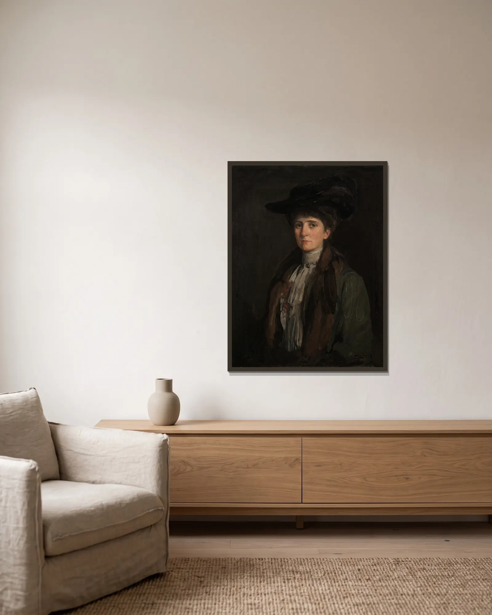 A Lady in Brown (thought to be Margaret Edith Bannatyne Cobb) av Sir John Lavery inramad på en vägg