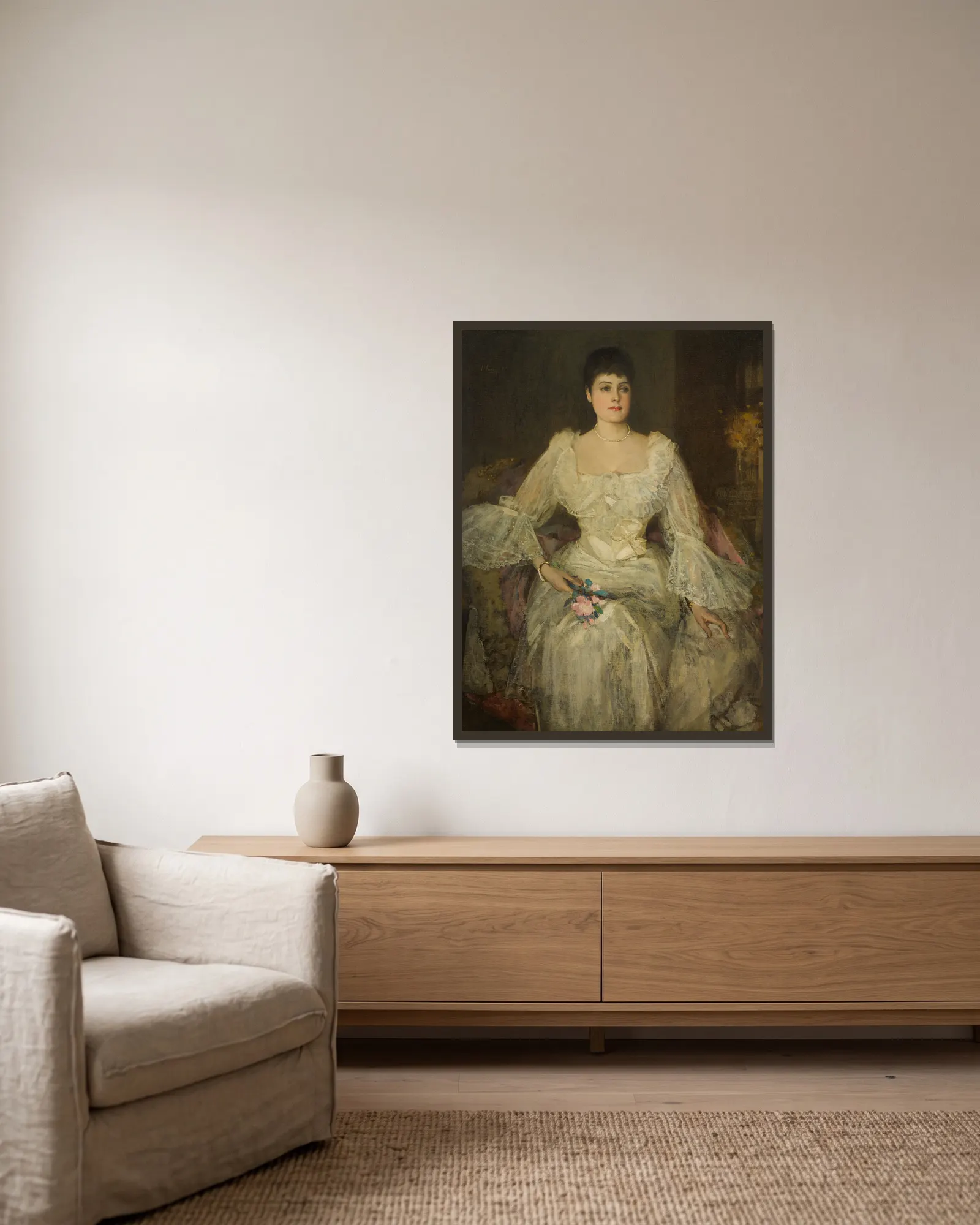 A lady in white (A portrait of Lady Lyle) av Sir John Lavery inramad på en vägg