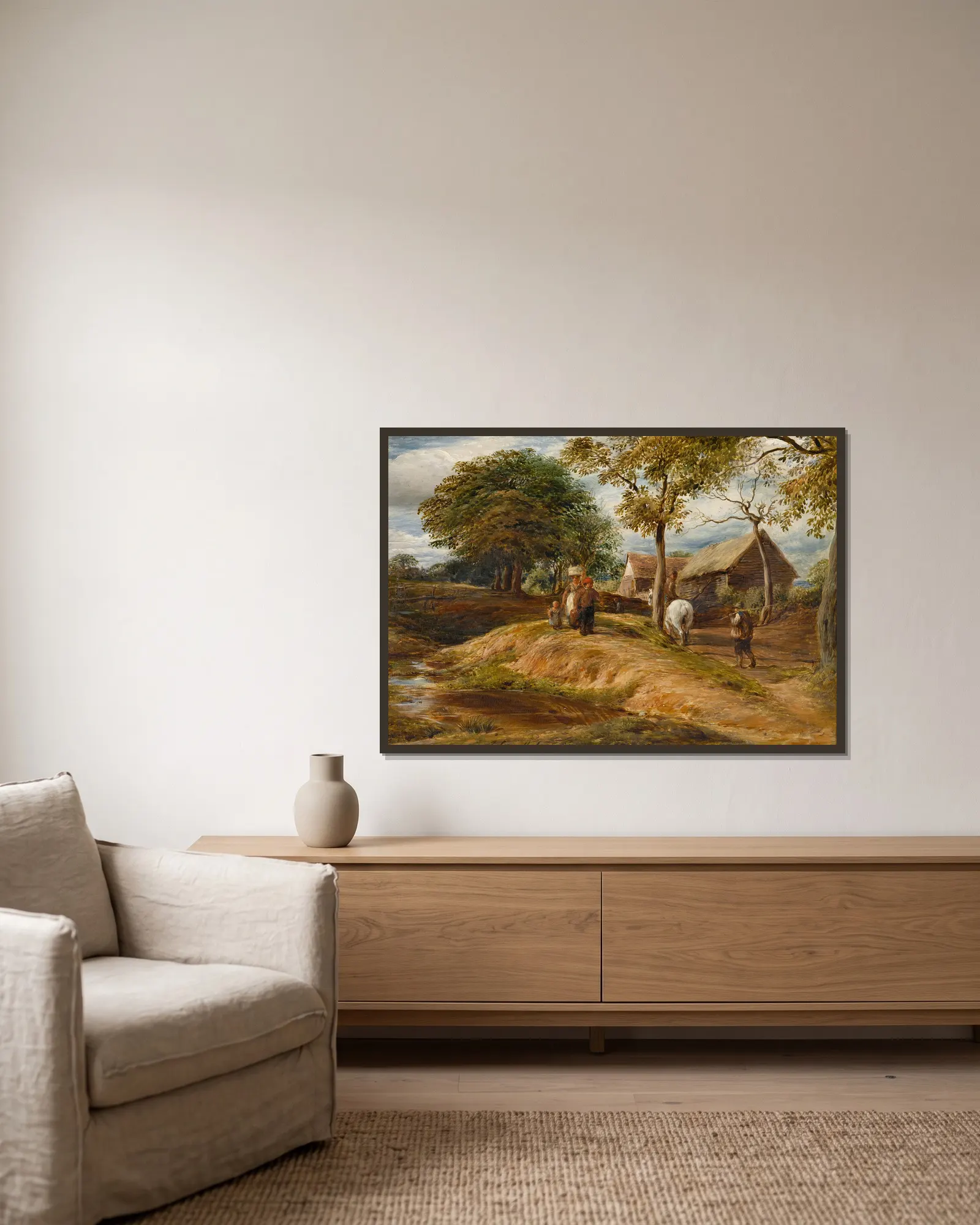 A View Near Hampstead av John Linnell inramad på en vägg