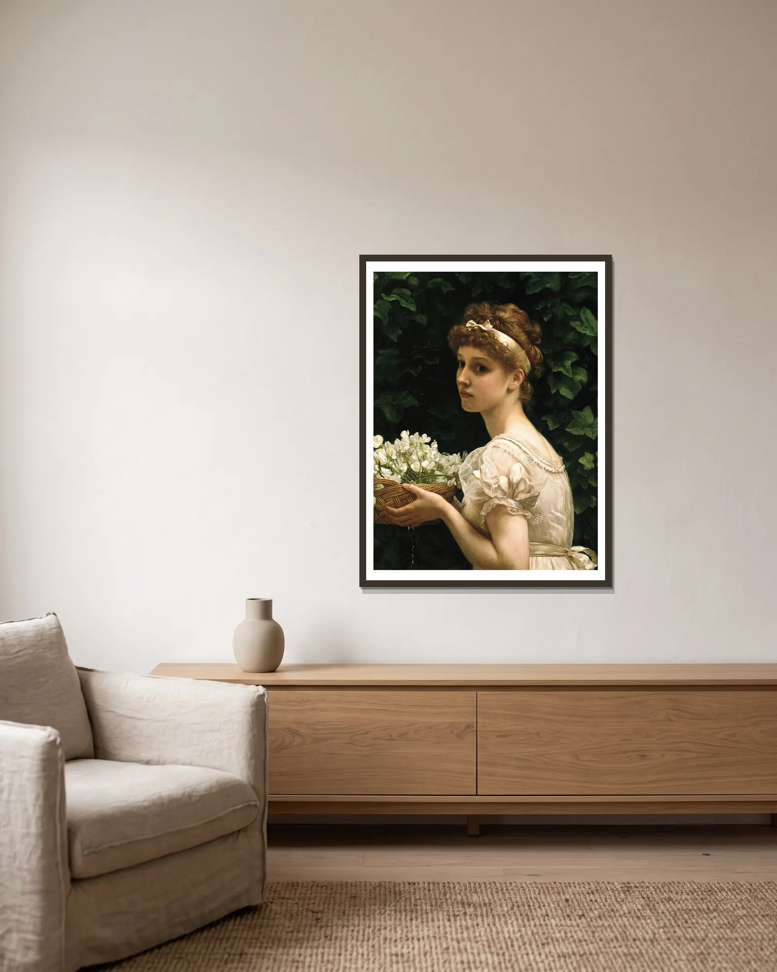 Pea Blossoms av Edward John Poynter inramad på en vägg