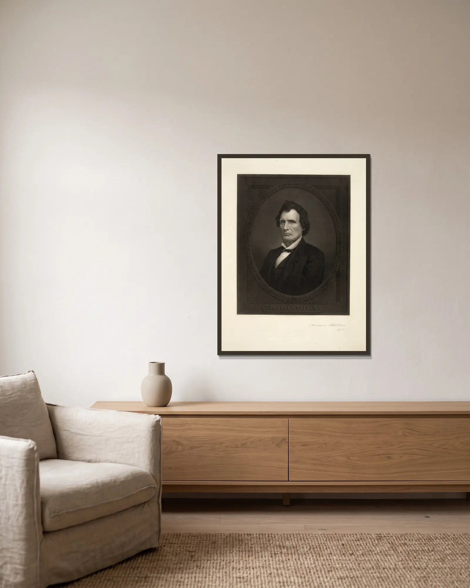 Thaddeus Stevens (19th century) av John Sartain inramad på en vägg