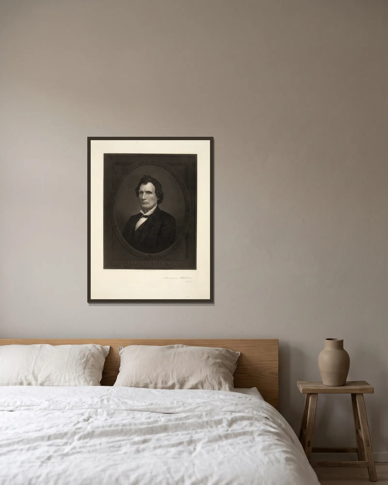 Thaddeus Stevens (19th century) av John Sartain inramad på en vägg