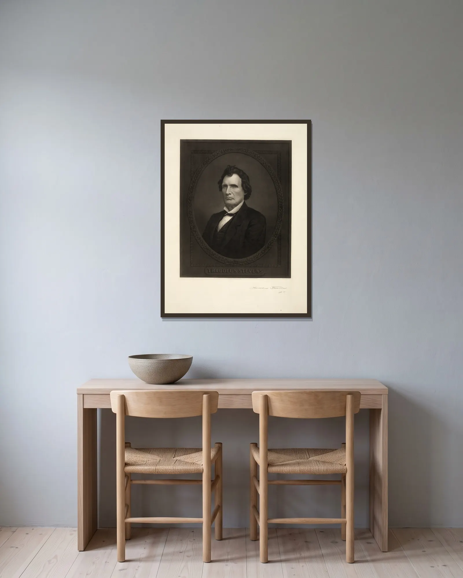 Thaddeus Stevens (19th century) av John Sartain inramad på en vägg