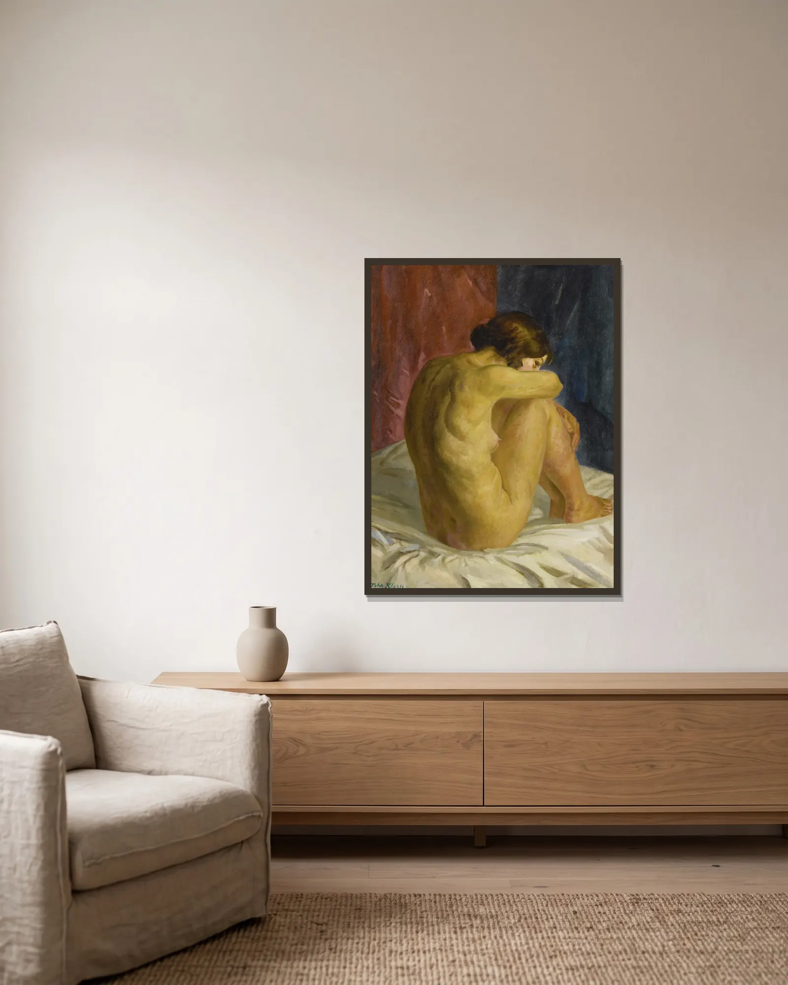 Nude Glancing Back av John Sloan inramad på en vägg
