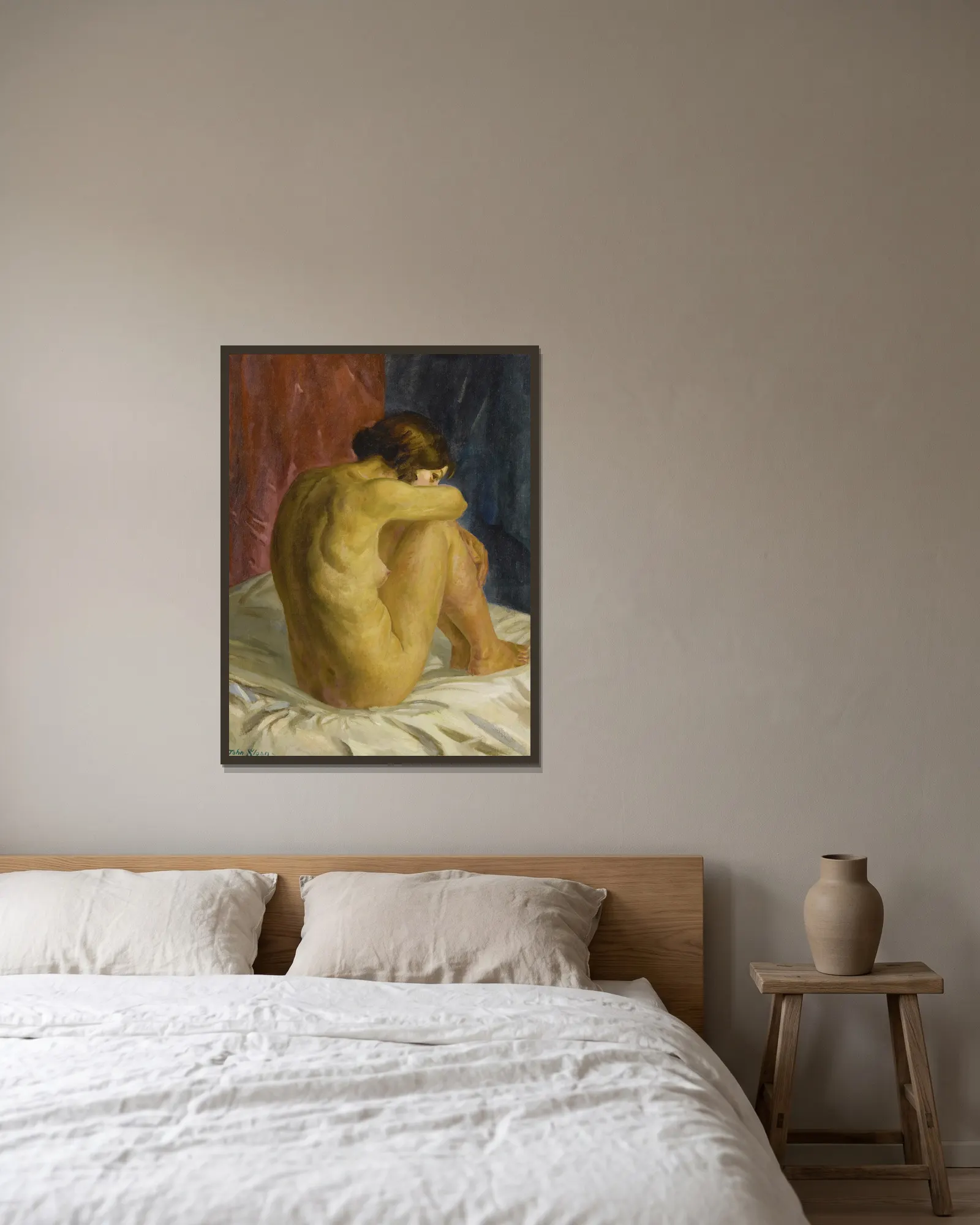 Nude Glancing Back av John Sloan inramad på en vägg